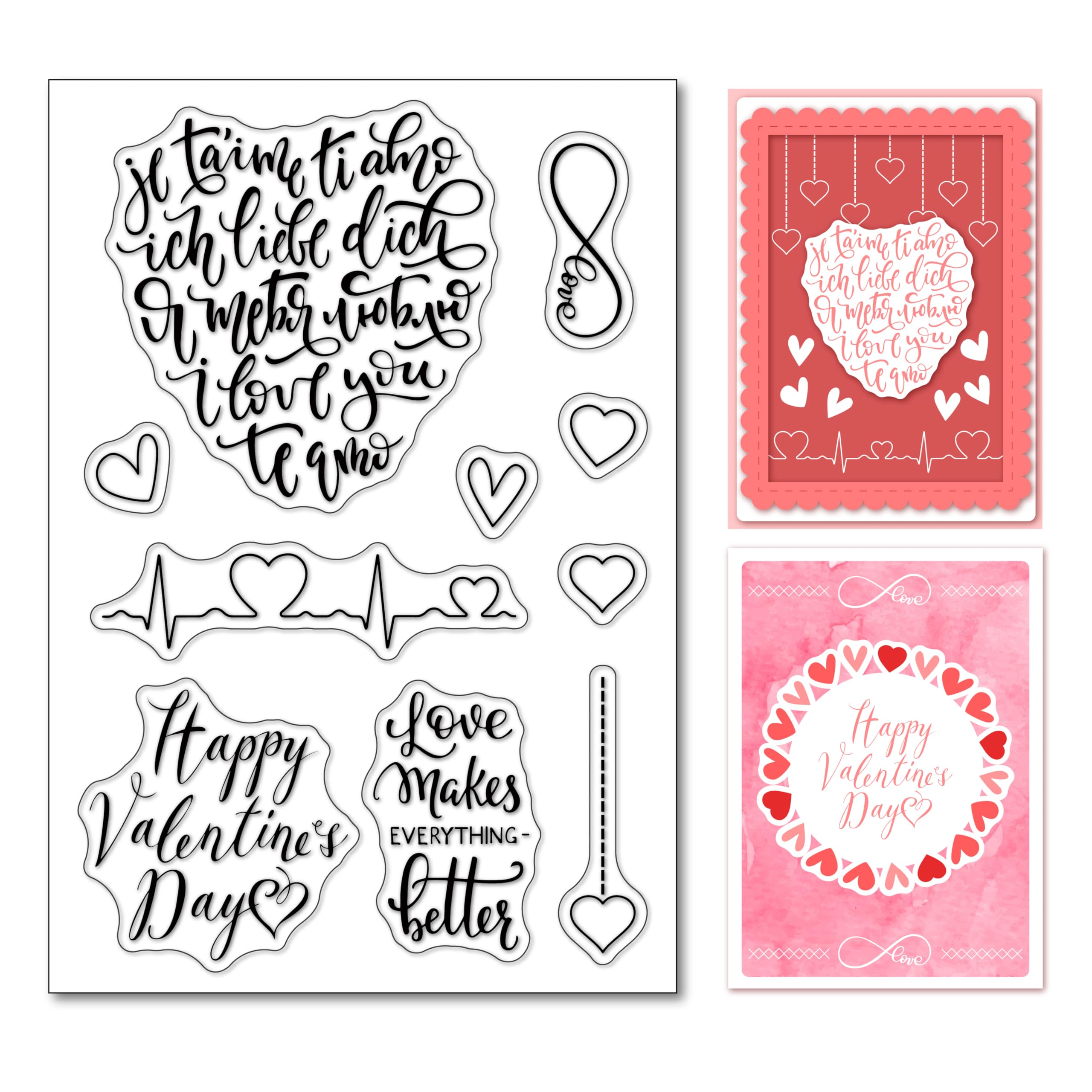 Arbuya Valentine’s Day Sentiment Clear Stamps Set for Card Making or Journaling, I Love You Phrase Hearts Transparent Silicone Stamps for Journals Scrapbooking Paper Crafts Decoration