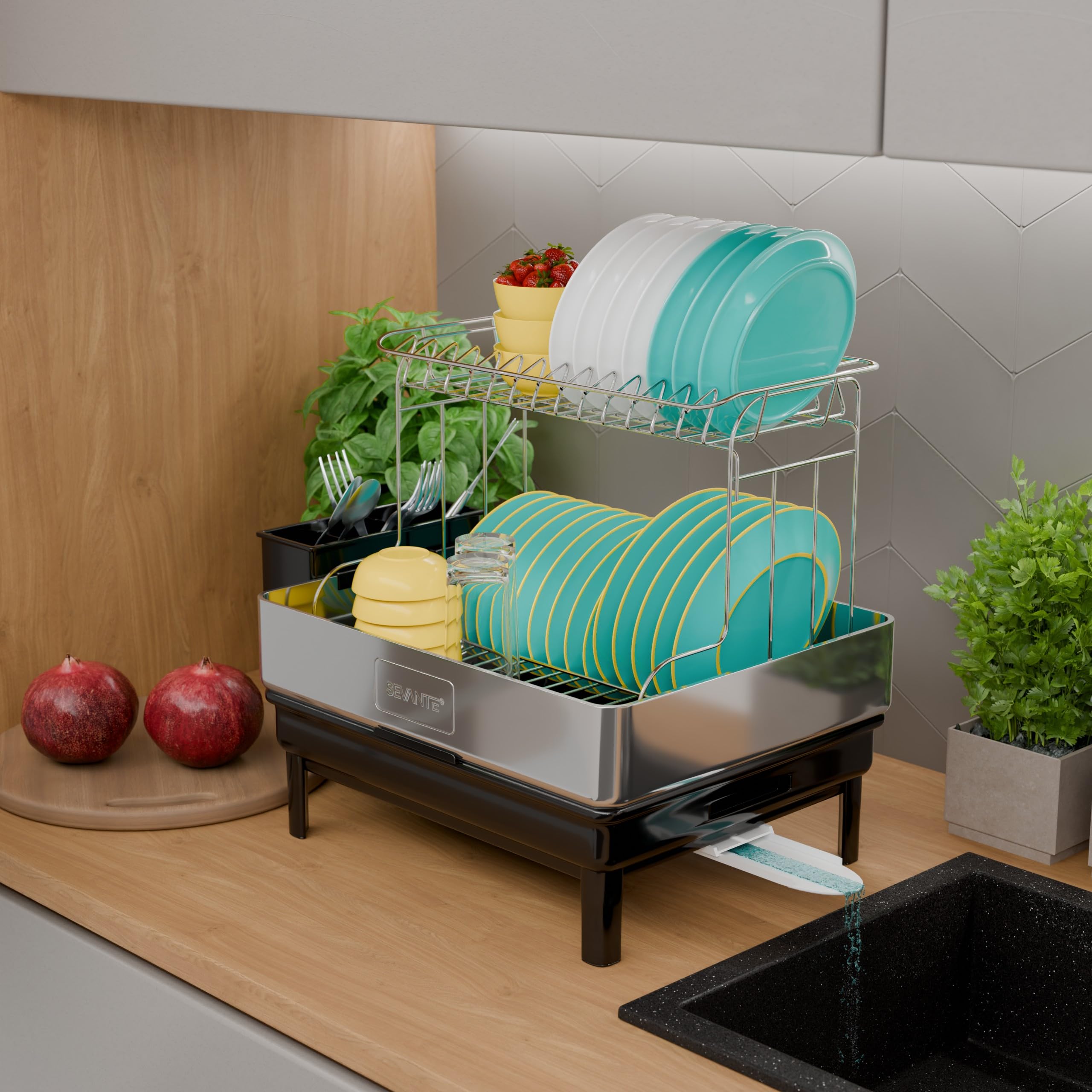 Abtropfgestell Geschirr Edelstahl Schwarz 48,5x32x38,5 cm - Geschirrabtropfgestell Kitchen - Geschirrständer - Moderne Abtropfgestell - Dish Drainer
