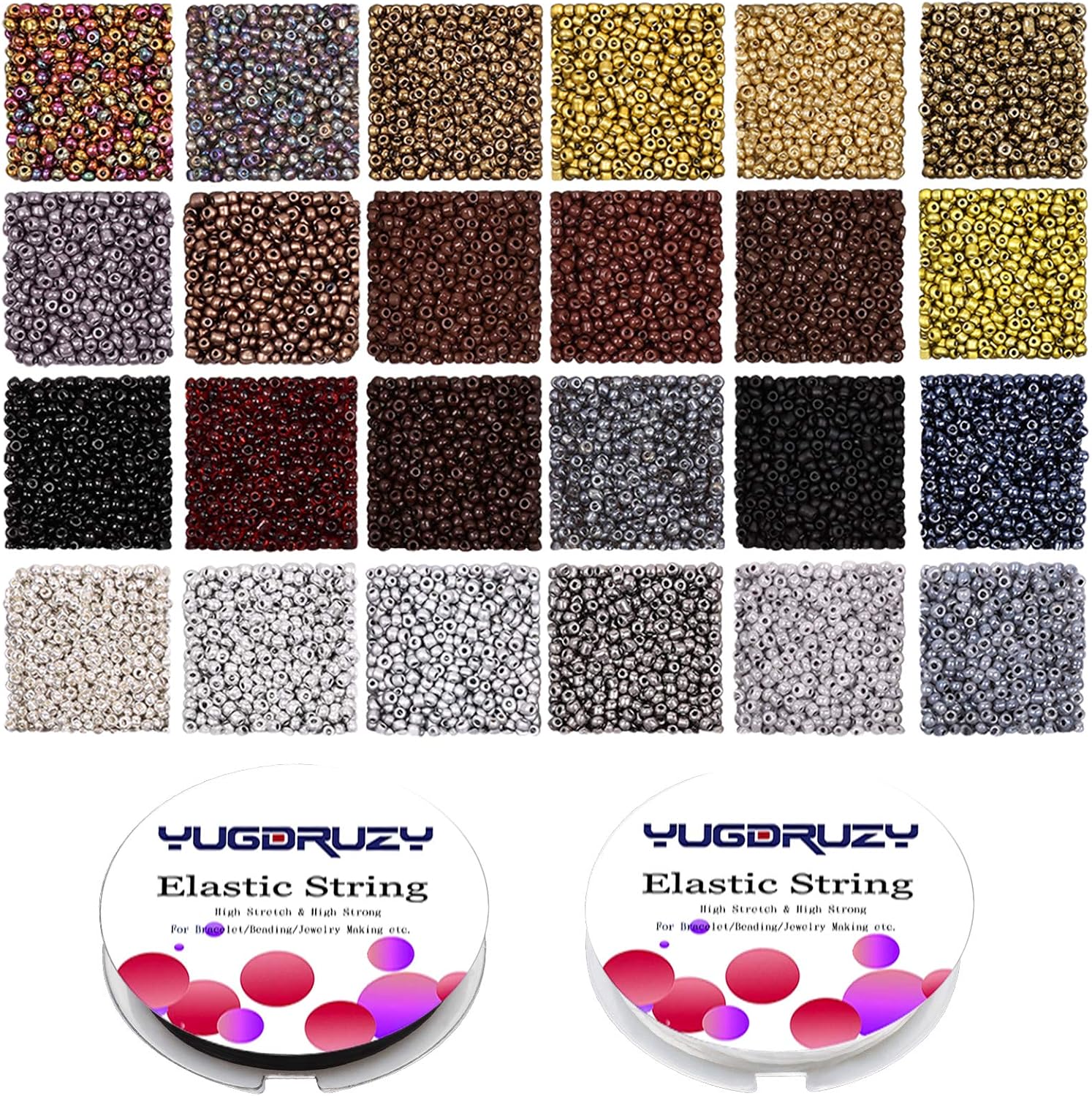 YUGDRUZY 7200pcs 2mm 12/0 Acrylic Pony Beads Glass Seed Beads with Elastic String for Jewelry Making Supplies Kit Small Bead Craft Set Bracelets Necklace Ring Making Kits Glass Seed