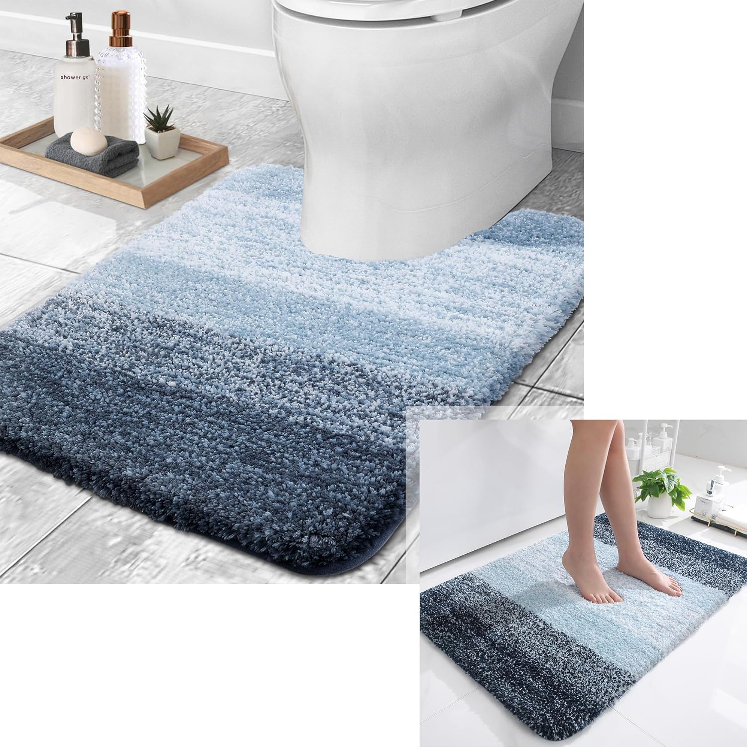 OLANLY Navy Blue U-Shaped Bath Rug and Bath Mat Bundle, 24x20 & 36x24 inches, Ombre, Soft Microfiber, Non Slip TPR Backing, Absorbent, Machine Washable