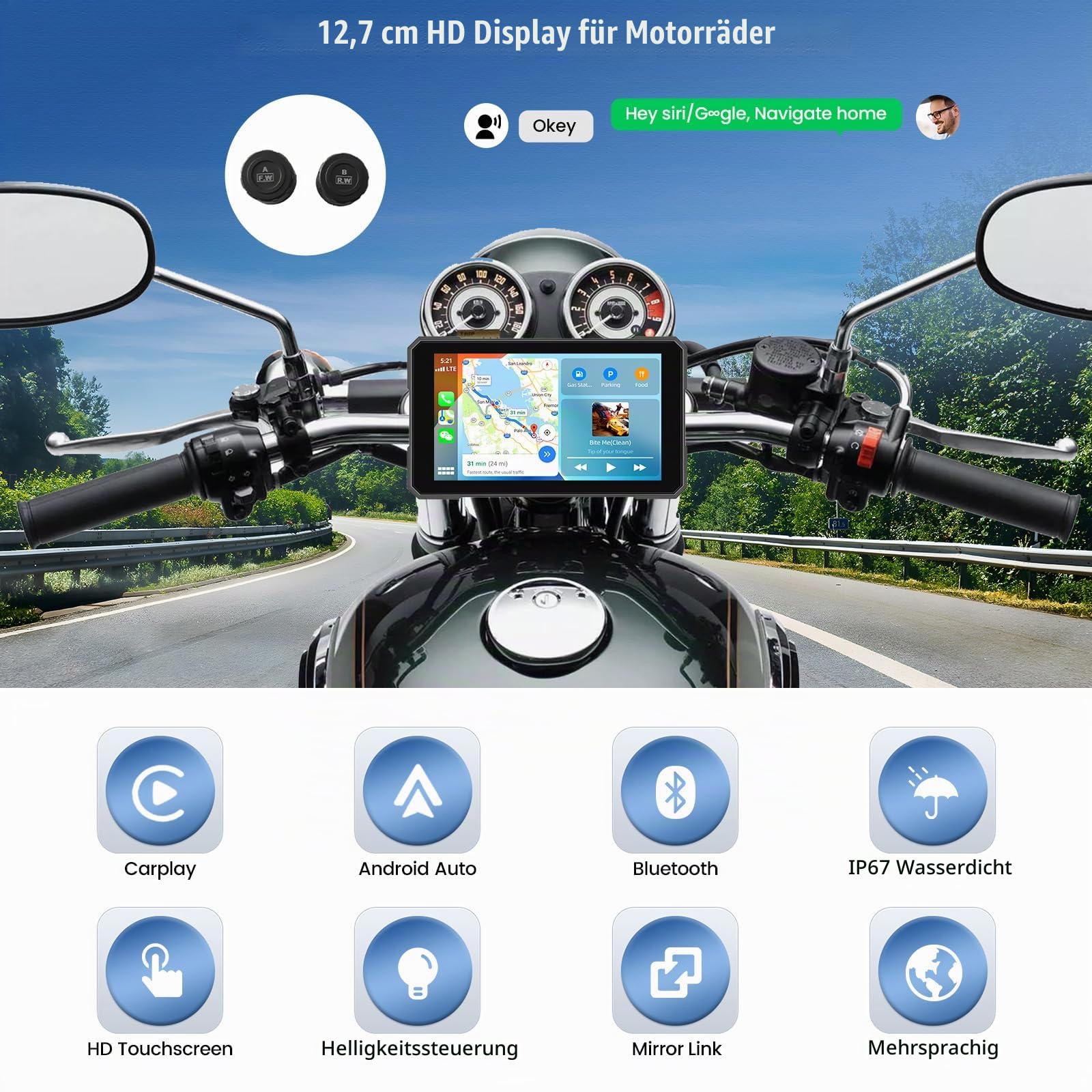 【2026 Upgrade】 CAMECHO Motorrad Wireless Carplay & Android Auto für Motorcycle,5 Zoll IP67 Wasserdichter HD Touchscreen für Motorräder mit Druckdetektion Navigation/Mirror-Link/Bluetooth/EQ