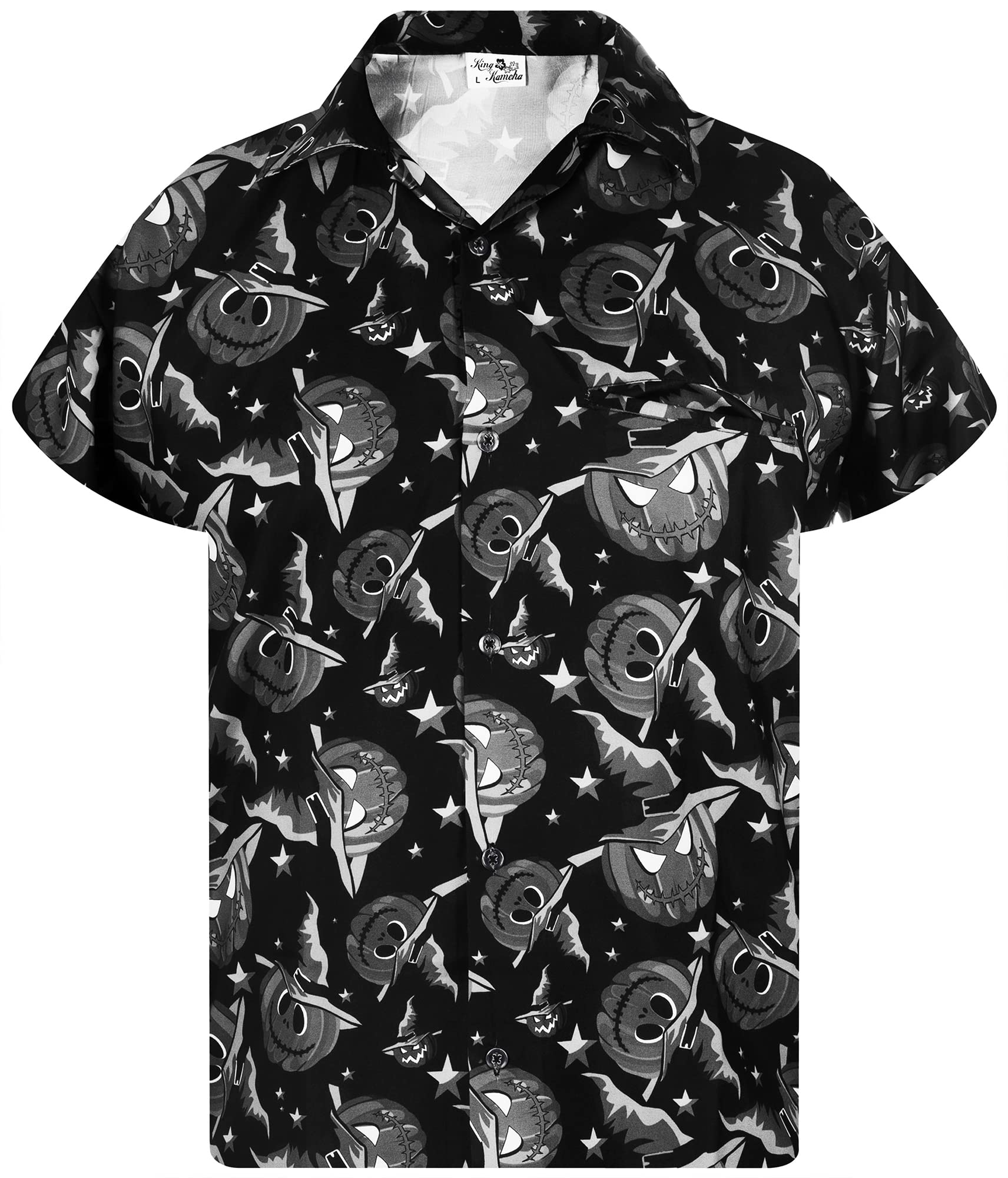 King Kameha Men's Pumpkin-Hat-Design-Grey Halloween-Shirt Digital-Printed Pumpkins Skeleton Short-Sleeve Button-Down, Pumpkin-Hat, Grey, 4XL