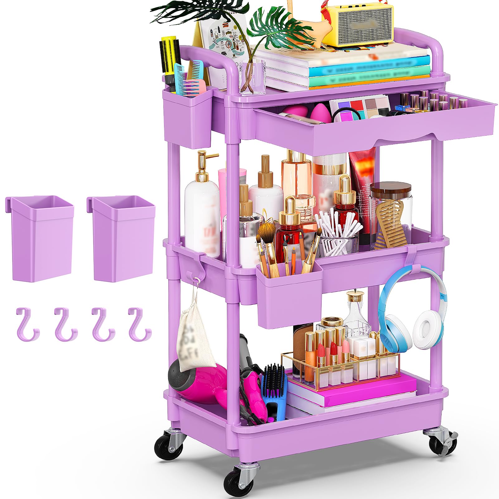 Yeabett 3 Tier Storage Trolley with Drawer, Utility Cart with Plastic Shelf & Lockable Wheels Multifunctional Storage Cart for Kitchen, Bathroom, Office, Living Room, Purple