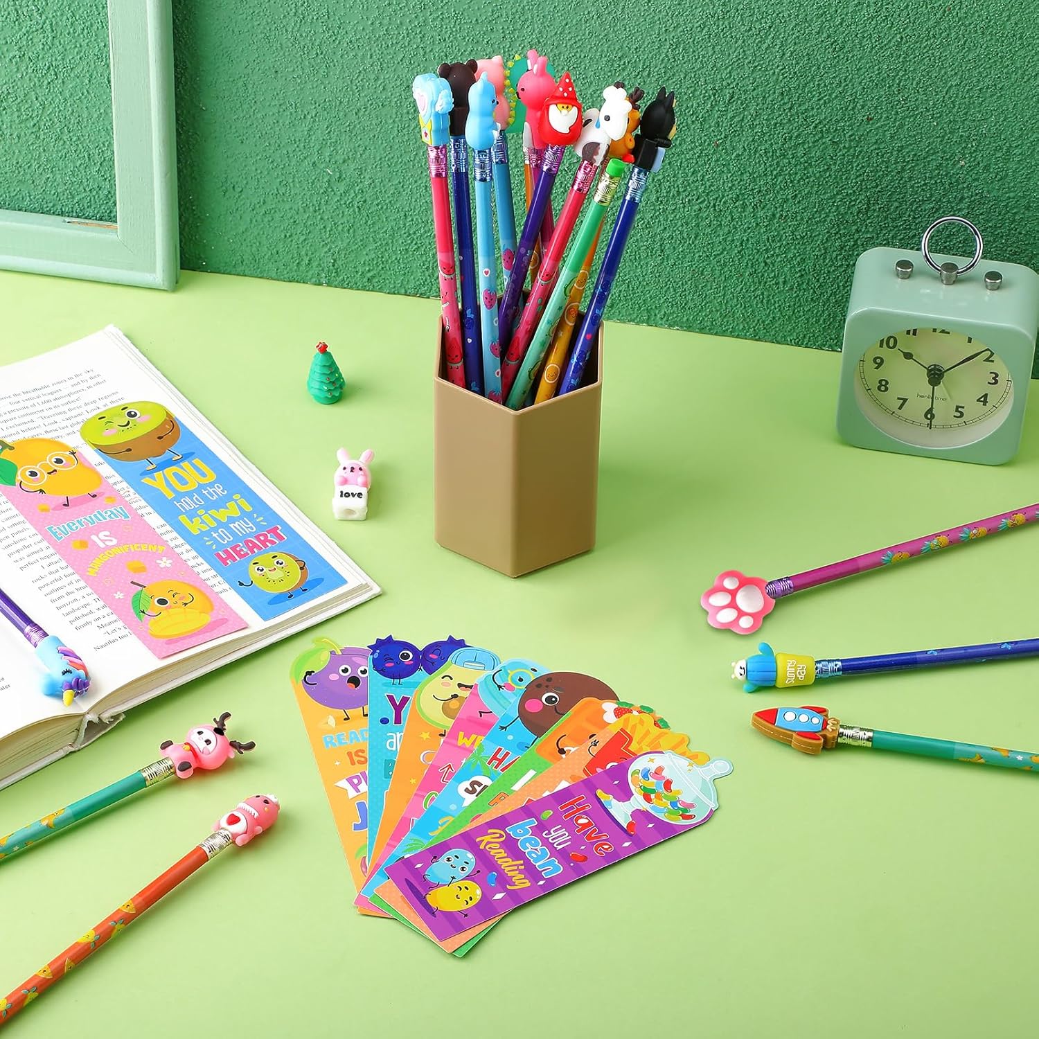 Teling 80 Pcs Scented Bookmarks and Smelly Pencils with Cute Toppers Set Fun Pencils Fruit Food Theme Scratch and Sniff Bookmarks Cartoon Pen Toppers Study Supplies(Adorable Style)