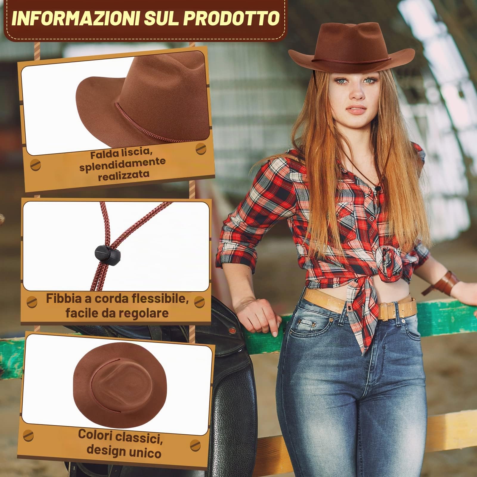 Set di 12 cappelli da cowboy occidentali in feltro a tesa larga per feste da cowgirl da uomo e donna, costume da festa (marrone)