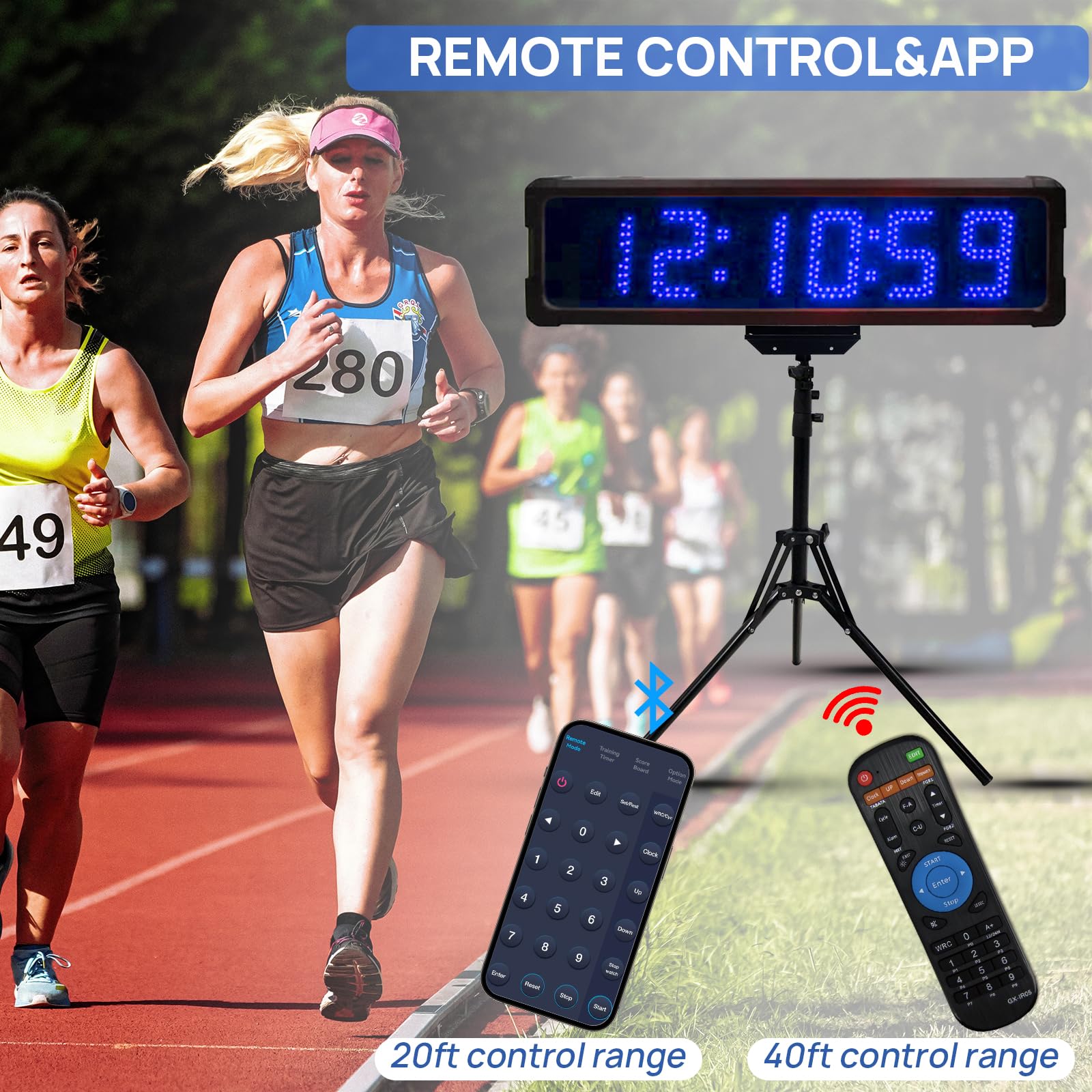 GANXIN Outdoor Waterpoof LED Race Timing Clock Marathon Race Timer with Horn, 5 Inch 6-Digit Coundown Clock with Tripod Stand, Down/Count Up,Stopwatch with Remote Control (Blue LED)