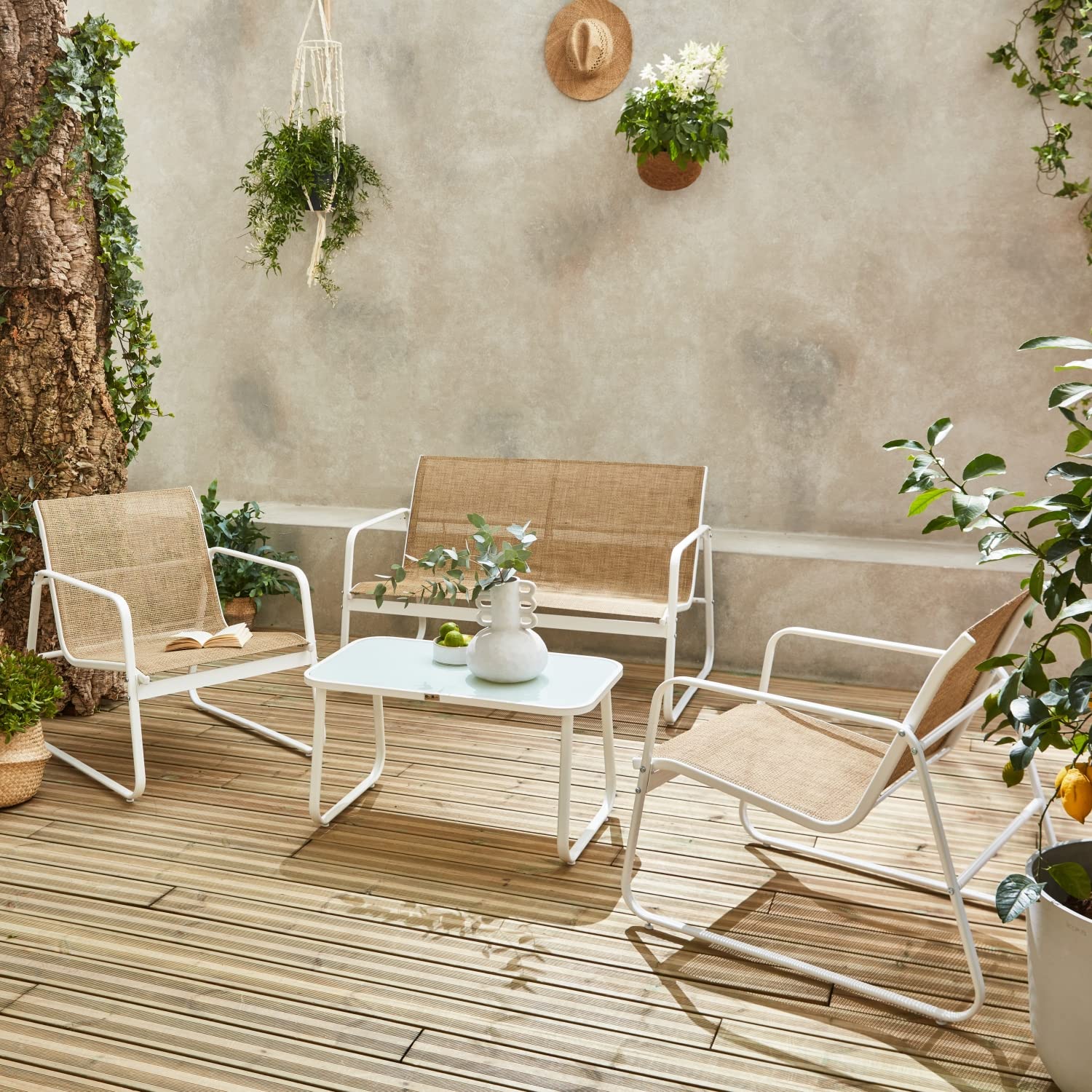 Alice's Garden - Salon de Jardin en métal et textilène pour 4 Personnes. Blanc et Naturel. Design