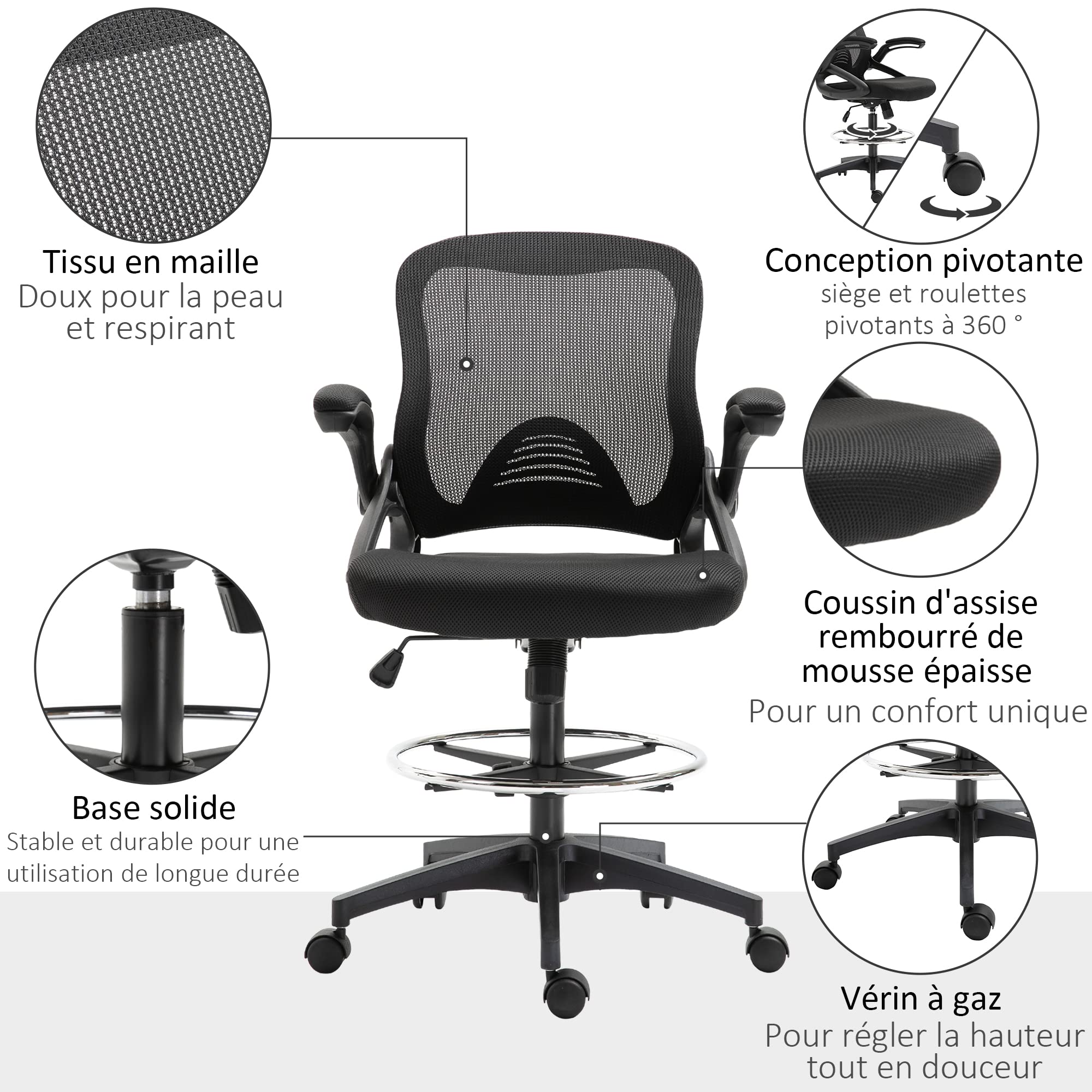 Vinsetto Chaise Bureau Ergonomique, Fauteuil de Bureau avec Repose-Pieds, Chaise de Dessin à Dossier en Maille, Hauteur réglable, accoudoirs, Assise rembourrée et pivotante 360°, Noir