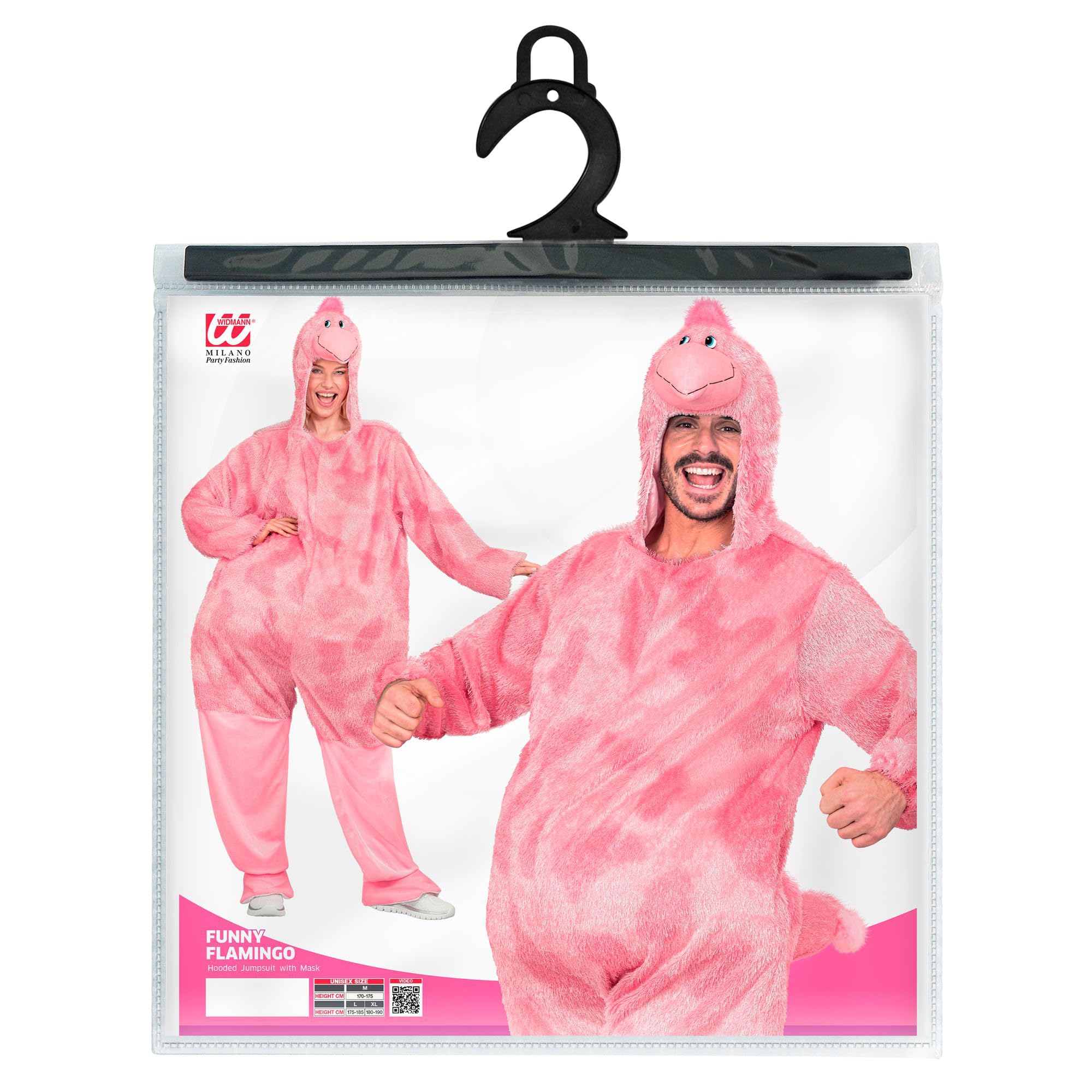 W WIDMANN MILANO Party Fashion - Funny Flamingo Kostüm Erwachsene | Overall mit Kapuze und Flamingo-Kopf für Damen und Herren, Plüschkostüm für Karneval, Mottopartys