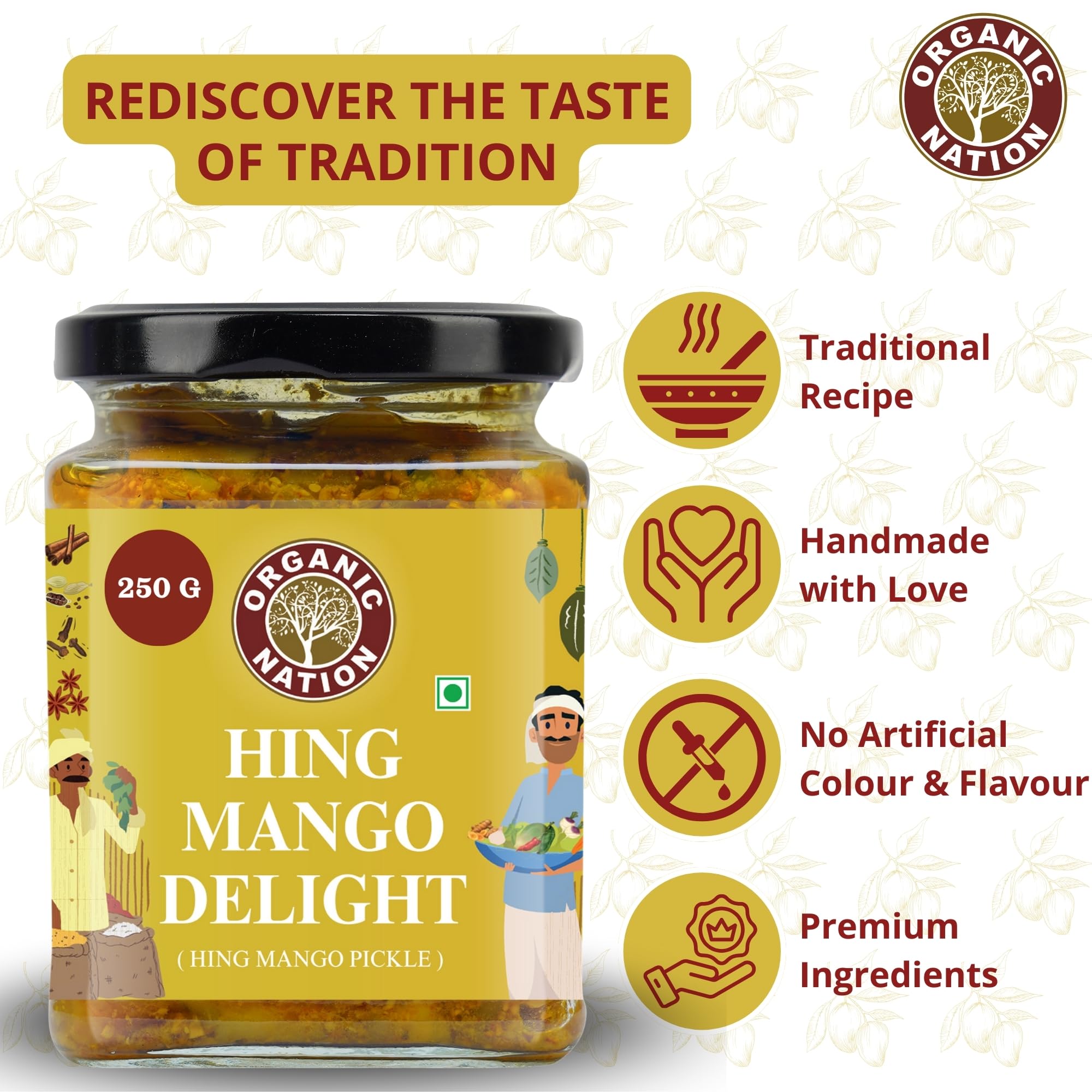 ORGANIC NATION Delicious Hing Ka Aam Pickle, No Preservatives, Aam Ka Achar, Homemade Mango Pickle, 250g Jar, Natural Ingredients, Traditional Recipe, Perfectly Spiced, Vibrant Yellow 2