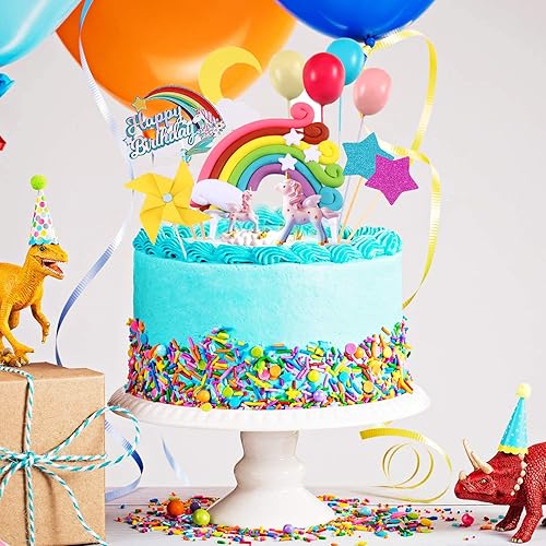 Miniatura 4 de Kit de decoración de pastel de unicornio con 2 esculturas, bolas de arco iris para suministros de fiesta de cumpleaños