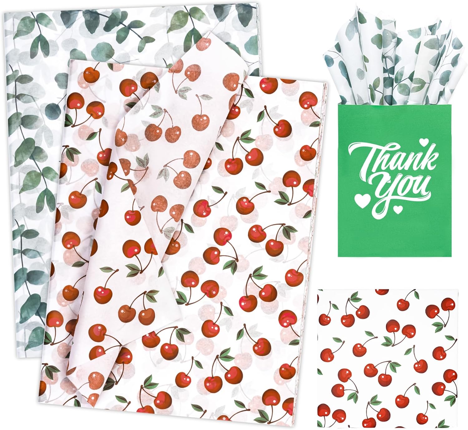 Larcenciel Wrapping Tissue Paper, 60 Pcs Eucalyptus Cherry Print Gift