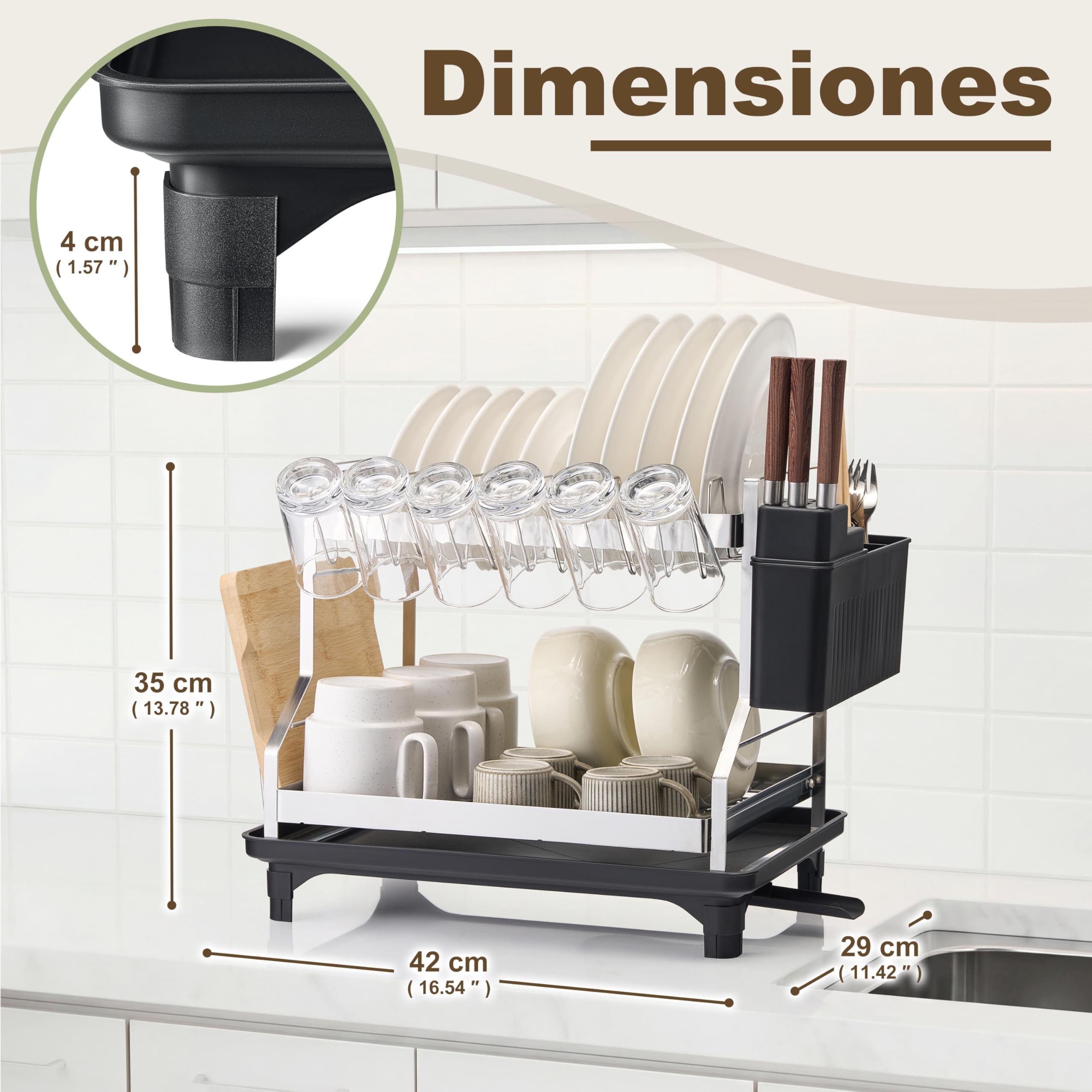 SerkaHome Estante Escurridor de Platos 2 Niveles Acero Inoxidable 304, Escurreplatos Cocina para Fregadero (42 x 29 x 35cm), Organizador de Cocina, Gran Capacidad, Resistente a la Corrosión y al Óxido