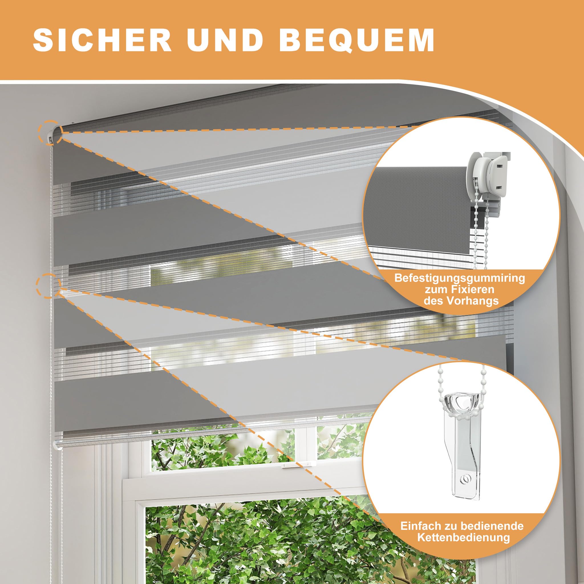 UISEBRT Doppia tenda a rullo, fissaggio senza fori, grigio, larghezza 120 x altezza 220 cm, tenda doppia per finestre senza fori, protezione solare per ufficio, soggiorno, cucina, bagno