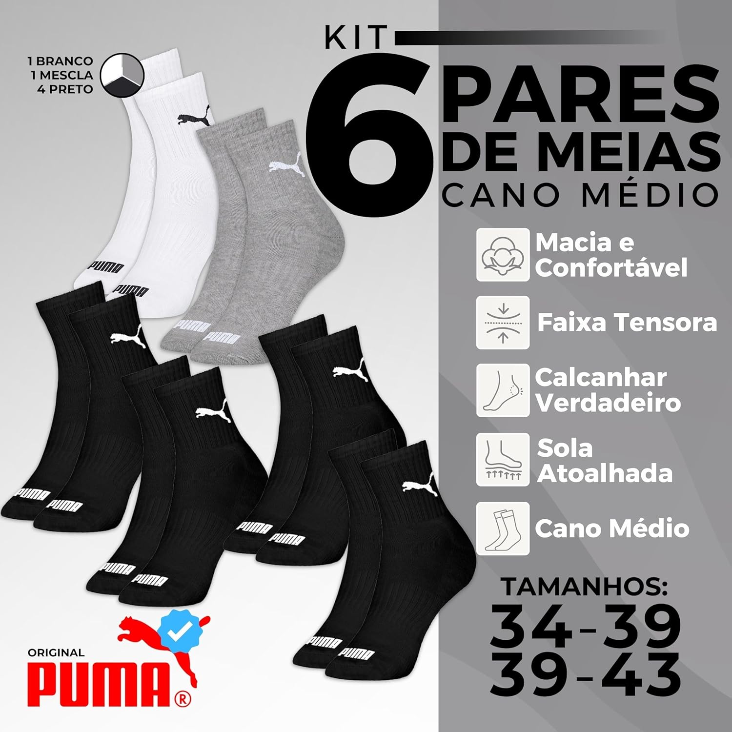 Kit 06 Pares Meia Puma Cano Médio Esportiva Everyday Algodão Adulto Unissex em promoção! Veja a oferta e mais achadinhos de Moda íntima 9 Hoje é o melhor dia para comprar Kit 06 Pares Meia Puma Cano Médio Esportiva Everyday Algodão Adulto Unissex com aquele preço maroto! Promoção! Aproveite a oferta! 9