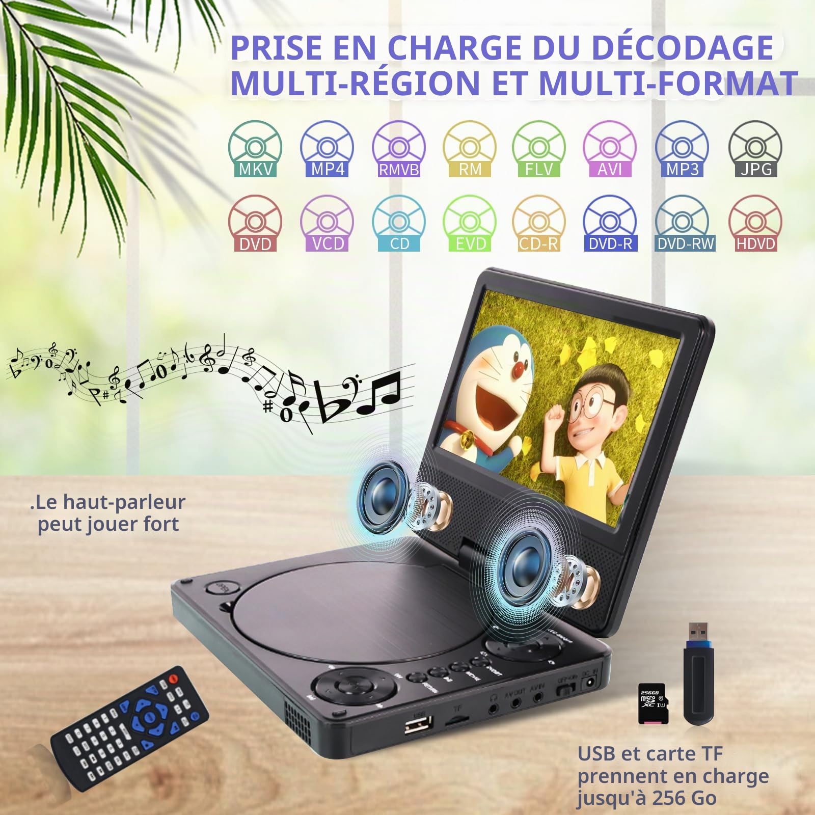 Lecteur DVD portable Bluetooth 9,5" YOOHOO écran HD 7,5" pour enfants voiture TV appuie-tête toutes régions MKV/MP4/WAV/AVI