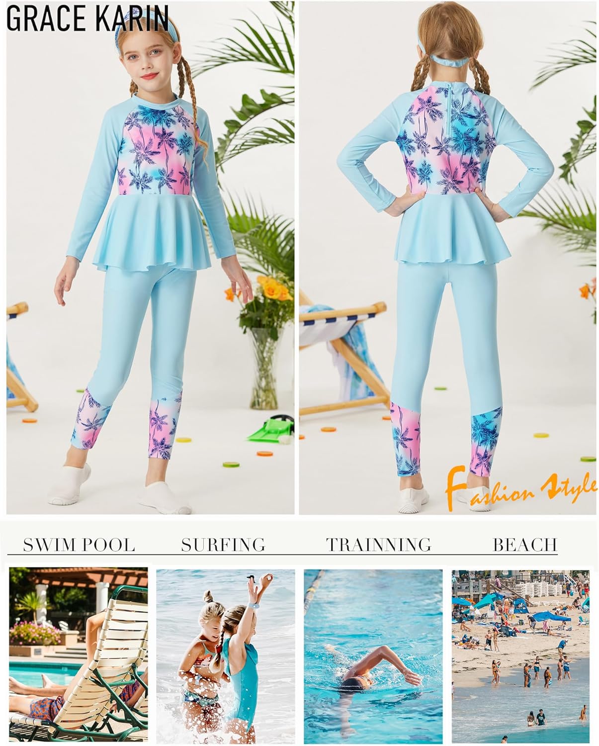 GRACE KARIN Girls Long Sleeve Swimsuit Mermaid Bathing Suit Rash Guard Swimwear 4 Piece Size 5-12 - Image 4