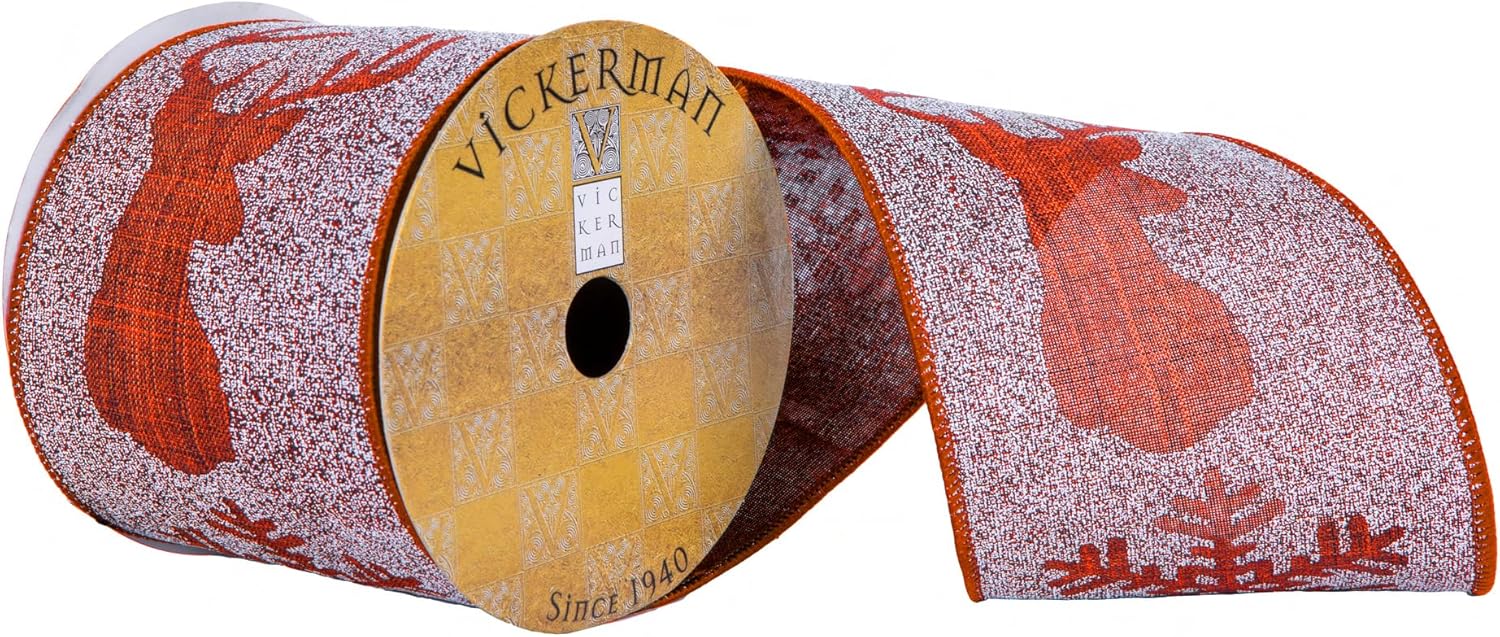 Vickerman 4" x 10 Yards Red Tree, Snowflake, and Deer Pattern Christmas Ribbon