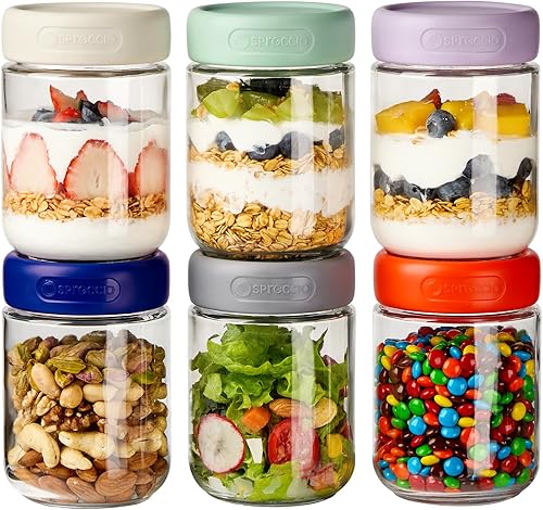 Paquete de 6 tarros de vidrio de 16 onzas con tapas, tarros de almacenamiento de vidrio, recipientes de yogur con tapas para ensalada de pudín de