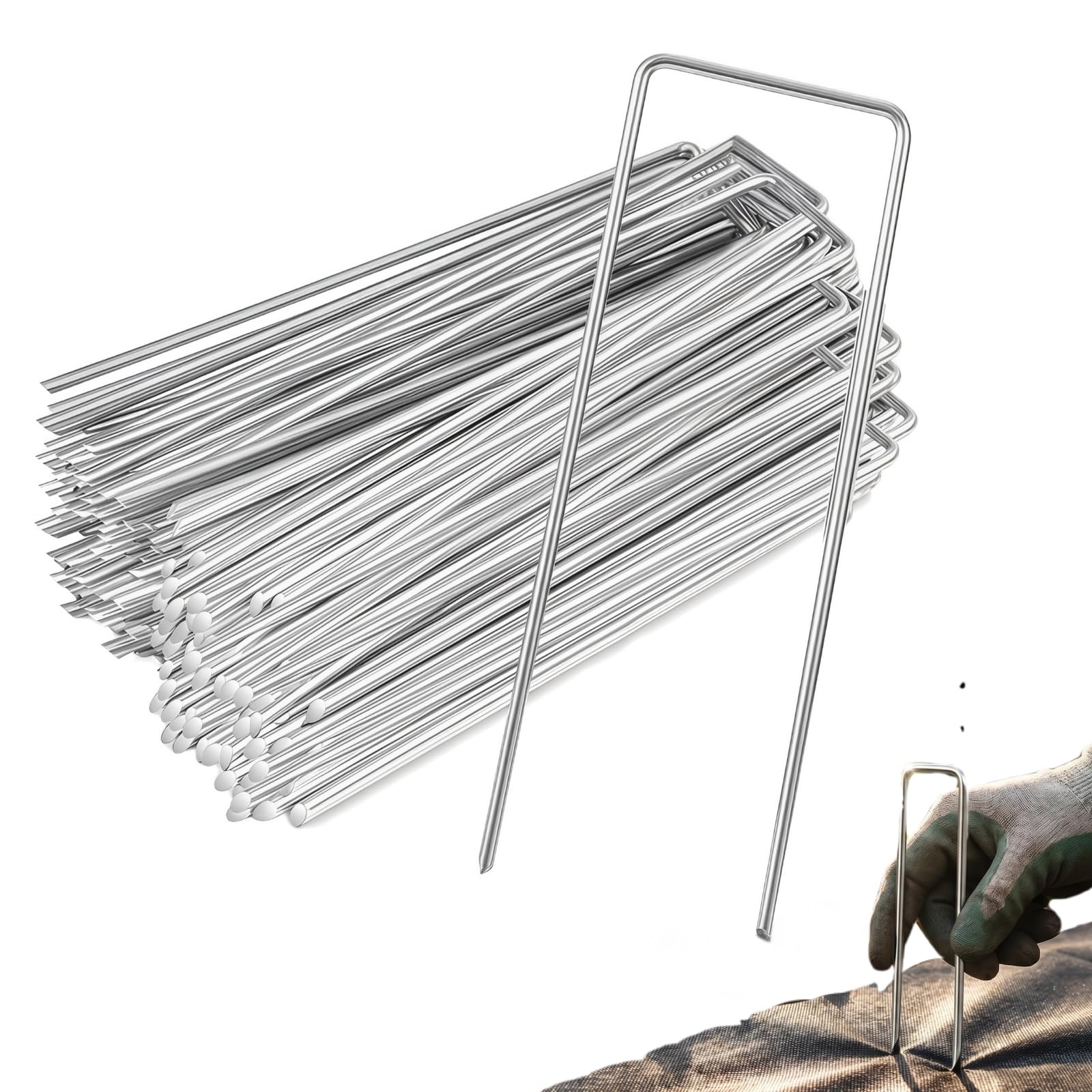 Garden Pegs, 40 Pcs Weed Control Membrane Pegs, 3 x150mm Garden Landscape Staples Stakes Strong U-Shaped Ground Stakes Steel for Weed Membrane Artificial Grass (Silver)