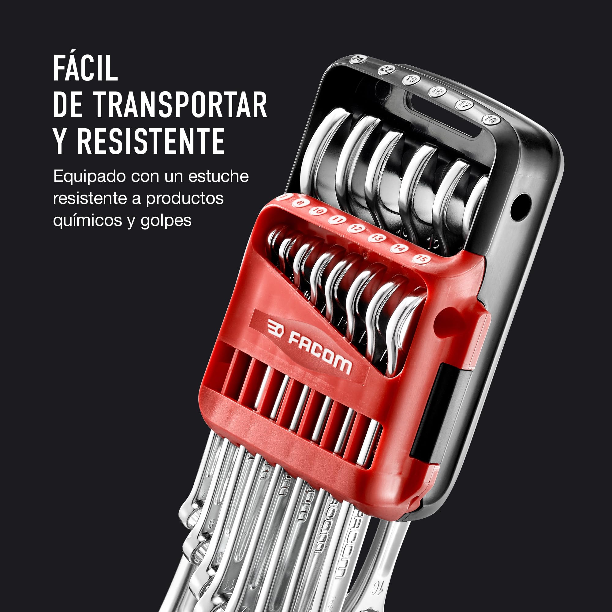 FACOM -Juego de 14 llaves combinadas, llaves métricas mixtas, dimensiones de 7 a 24 mm, funda portátil - 440.JP14PB