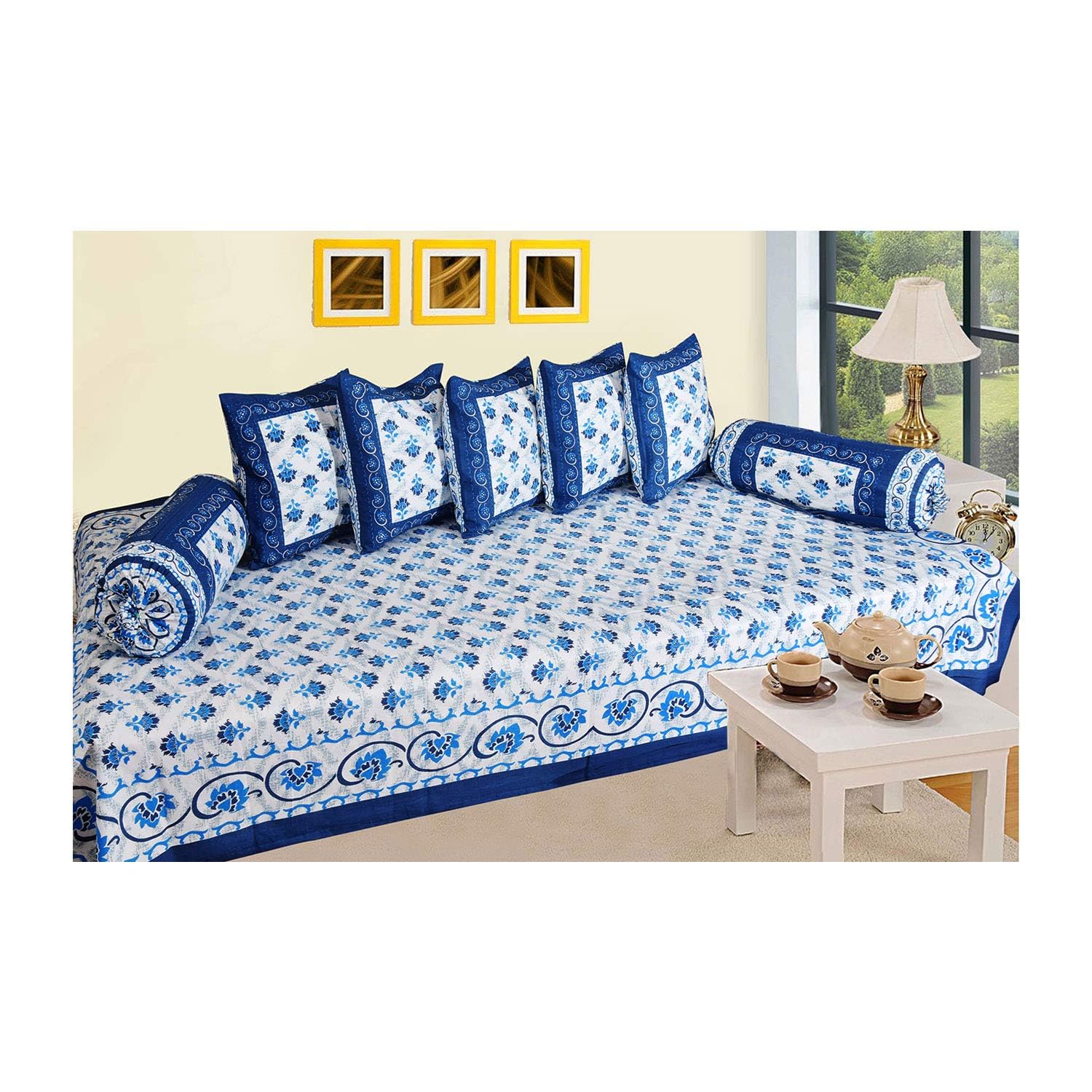 Floral Printed Diwan Set – 8 Pcs | Pure Soft Cotton 1 Bedsheet, 5 Cushion Covers, 2 Bolster Covers (Blue)-image-6