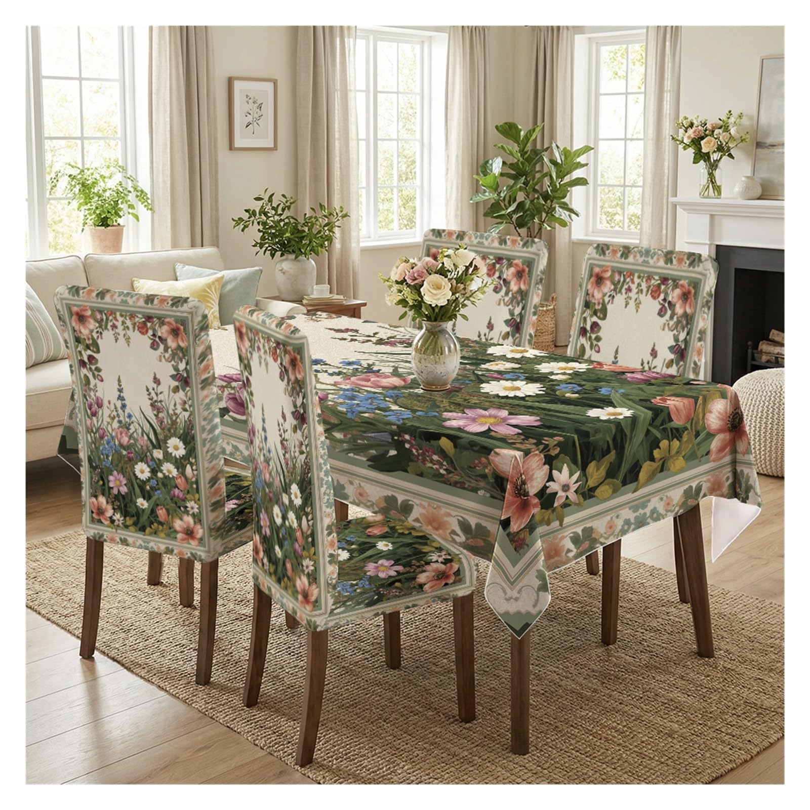 BOSUYBN Stretch Dining Chair Slipcovers And Tablecloth Set, Vintage Wild Floral Print, 5/7 Pack For Dining Room Cottage Home Decor Table Setting(5pcs Set: Tablecloth+Chair Covers)