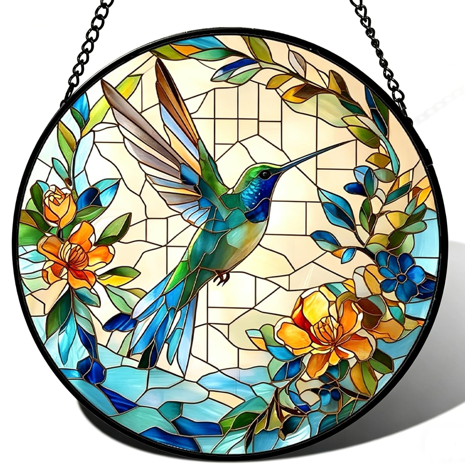 Colibrí de vidrio de colores de 7.8 pulgadas, panel artesanal verde de alta elegancia
