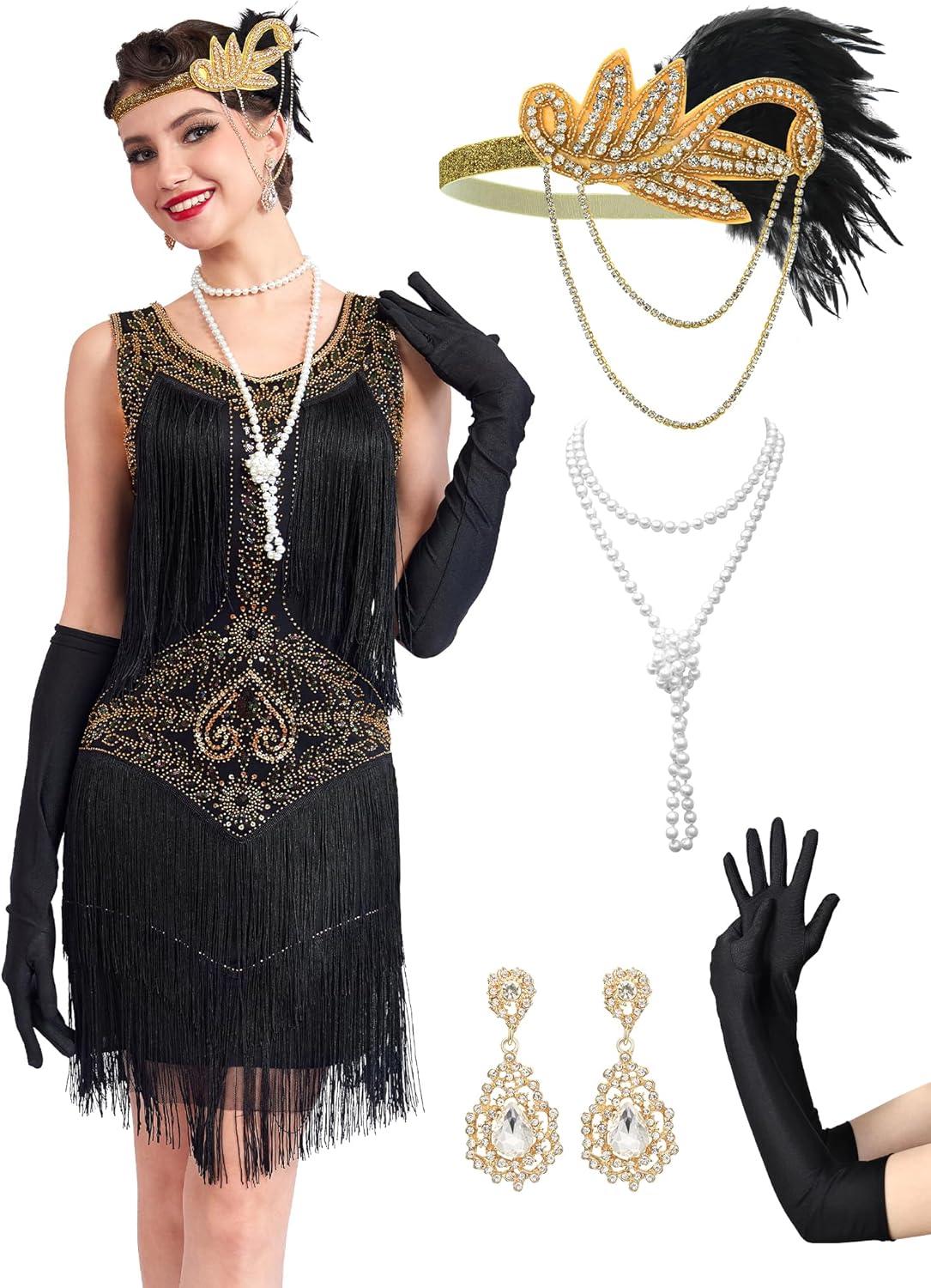 1920s Flapper Dresses for Women, Lace V-Neck Great Gatsby Costumes with Fringe
