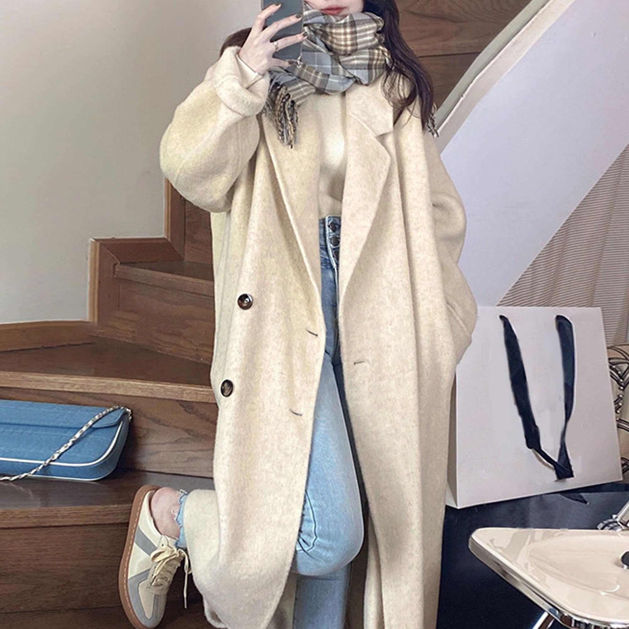 Cappotto invernale da donna in misto lana con doppio petto, lungo, a maniche lunghe e revers a lancia