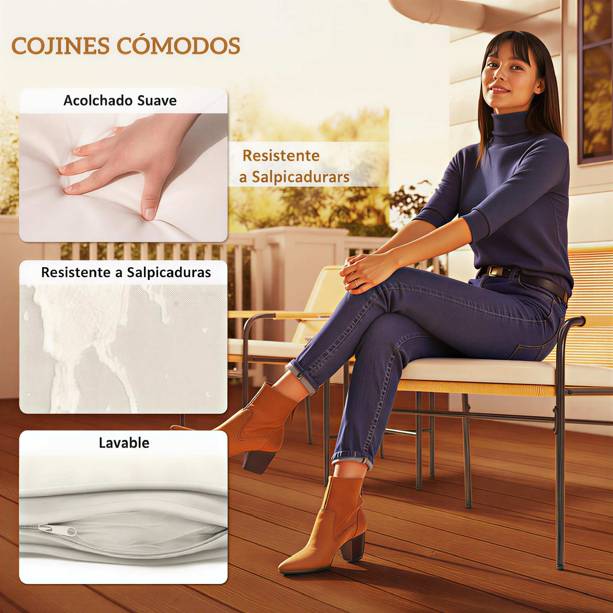 Outsunny Conjunto de Jardín Exterior de 3 Piezas Muebles de Jardín con 2 Sillas con Cojines Lavables Extraíbles y Mesa de Terraza con Tablero Metálico Resistente para Patio Balcón Natural y Crema