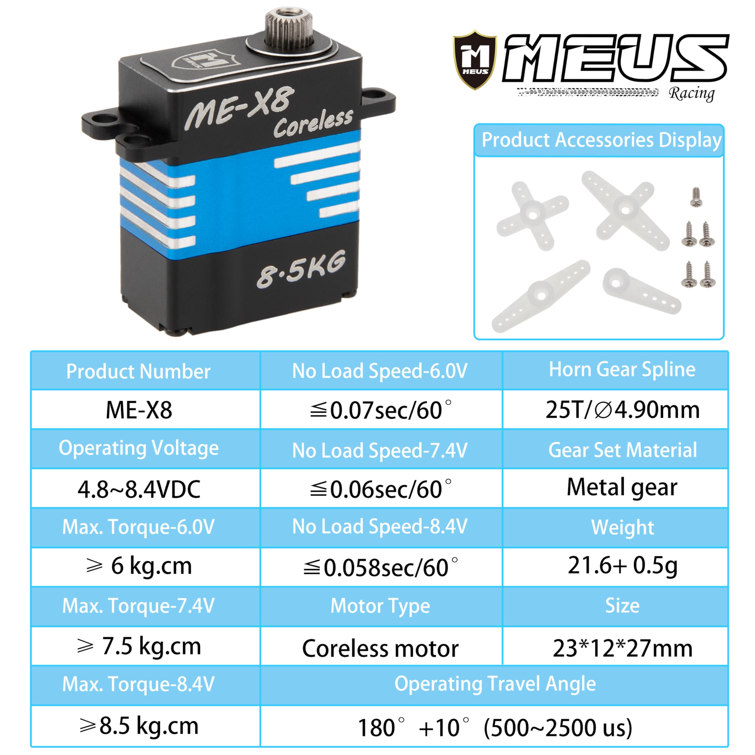 MEUS Racing V2 Coreless RC Micro Servo 8.5KG con coppia elevata per SCX24 TRX4M SCX10 TRX4 1/24 1/18 1/10 1/8 RC Crawler Car, cablaggio posteriore (ME-X8)