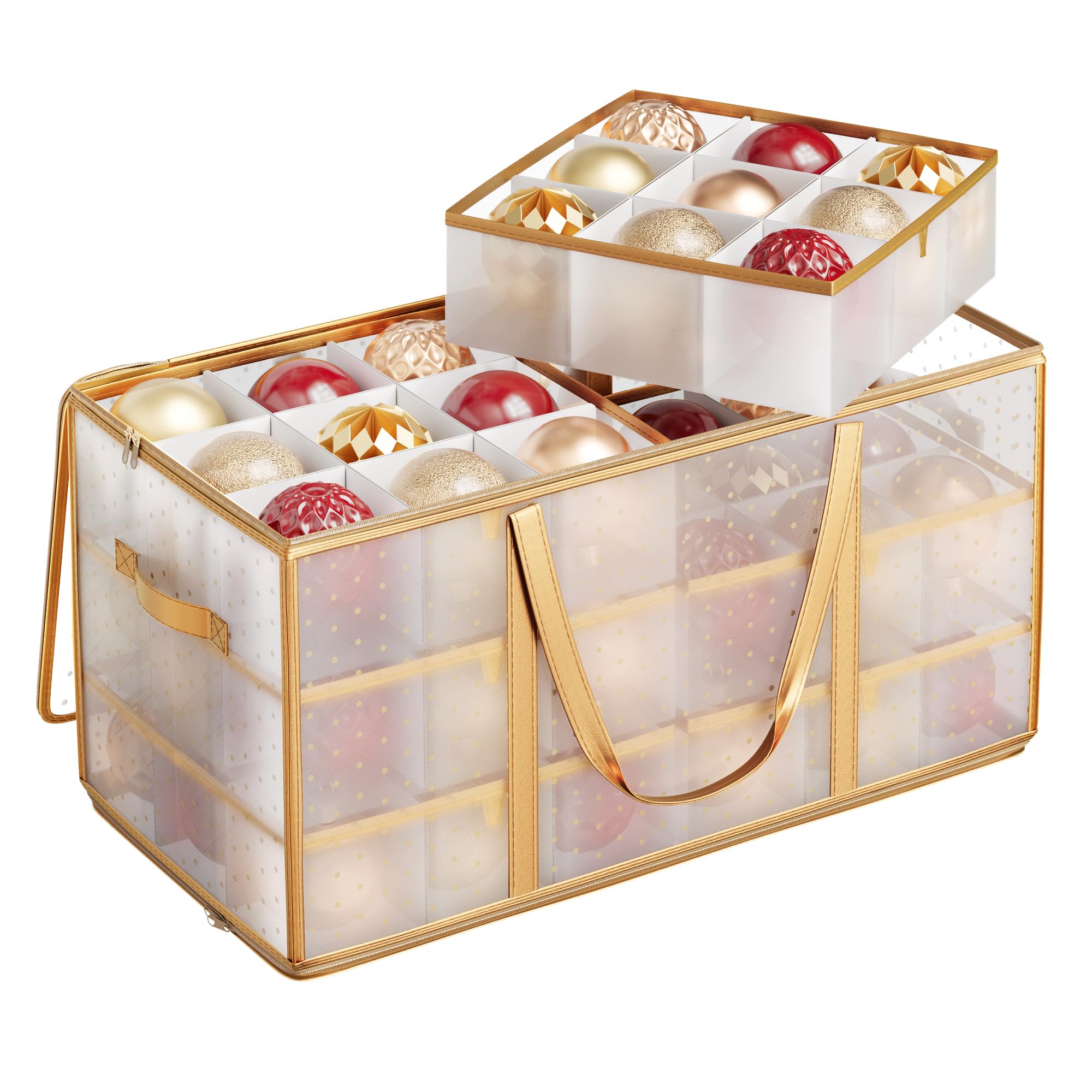 SONGMICS Contenitore per Palline di Natale, 54 Scomparti da 10,2 cm, Scatola Decorazioni Natalizie in Plastica con Coperchio, Doppia Cerniera Lampo, 6 Vassoi, Maniglie, Dorato Sabbioso RFB030A01