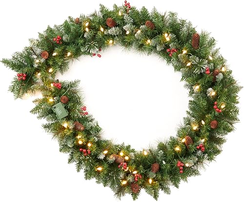 Amaoasis Guirnalda de Navidad preiluminada de 9 pies, pino mixto decorado con bayas esmeriladas, piñas, 50 LED con temporizador, funciona con pilas,