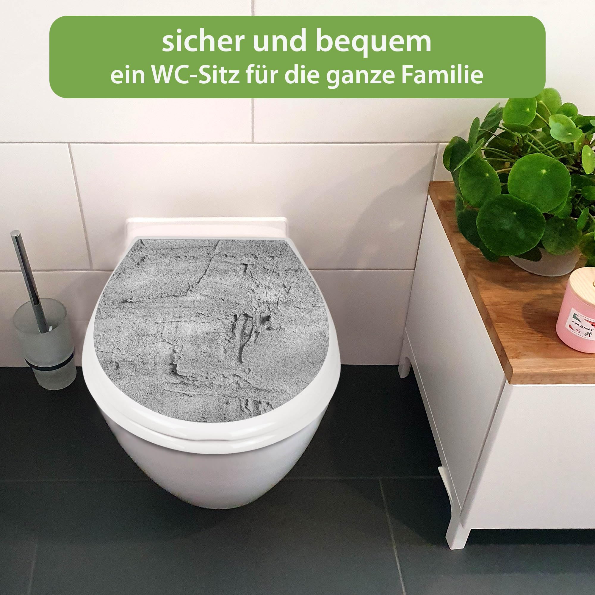 banjado Familien WC Sitz mit Absenkautomatik 44,9x37,1cm - Klobrille mit Kindersitz aus hochwertigem Polypropylen - Toilettendeckel mit Kinder Toilettensitz integriert - Motiv Betonwand Struktur Grau