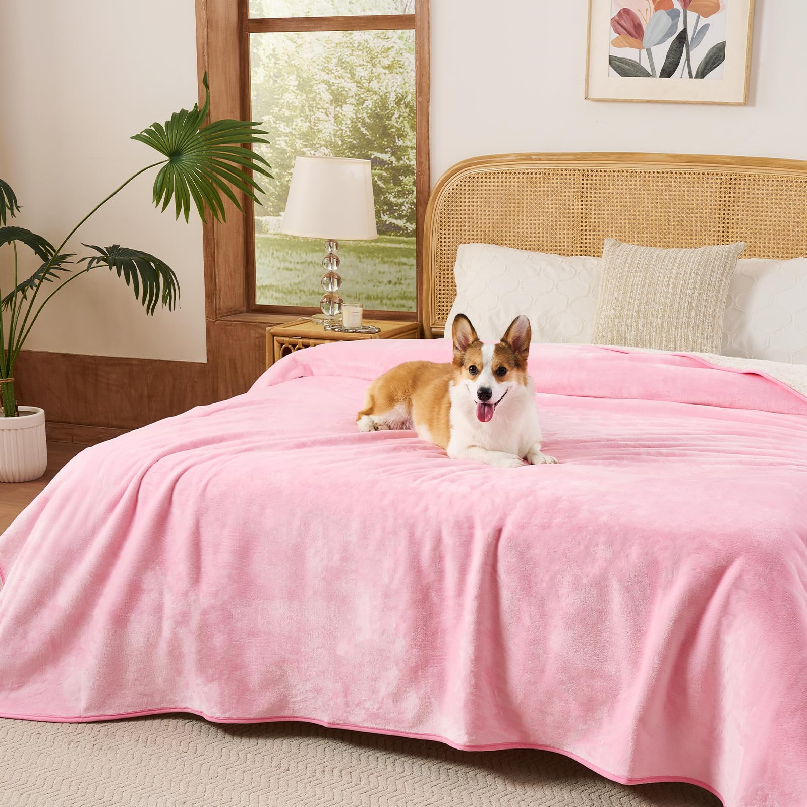 Sunheir Waterproof Blanket for King Size Bed - 108"x86" Soft Reversible Sherpa Fleece Flannel Dog Blankets for Large Dogs, Pet Blanket for Bed, Couch, Soft Plush Furniture Protector, Pink