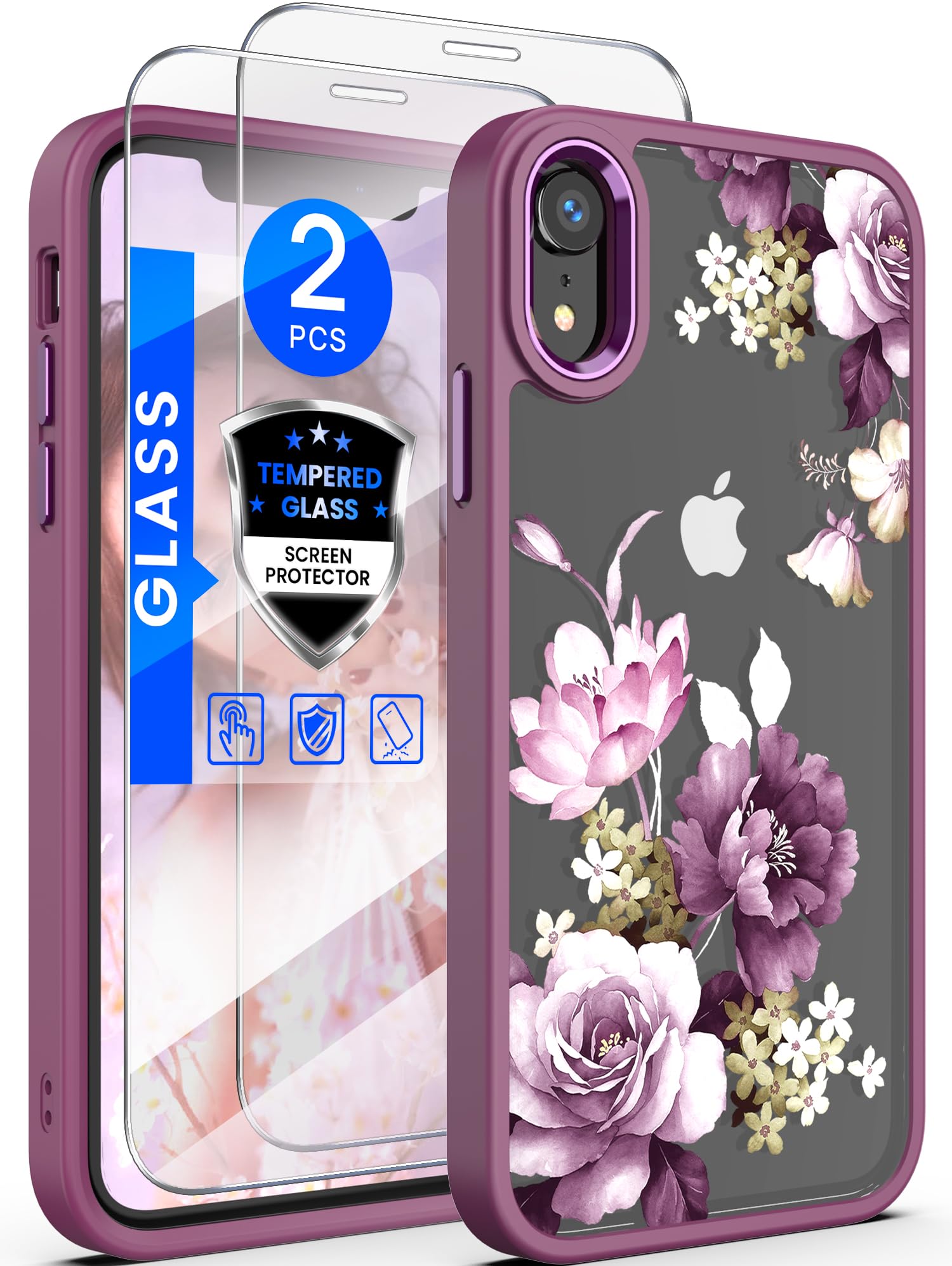 Dretal for iPhone XR Case Flower, Military Grade Drop Tested Hard Back & Soft Edge Slim Flower Women Girls Phone Protective Cover with 2 PCS Tempered