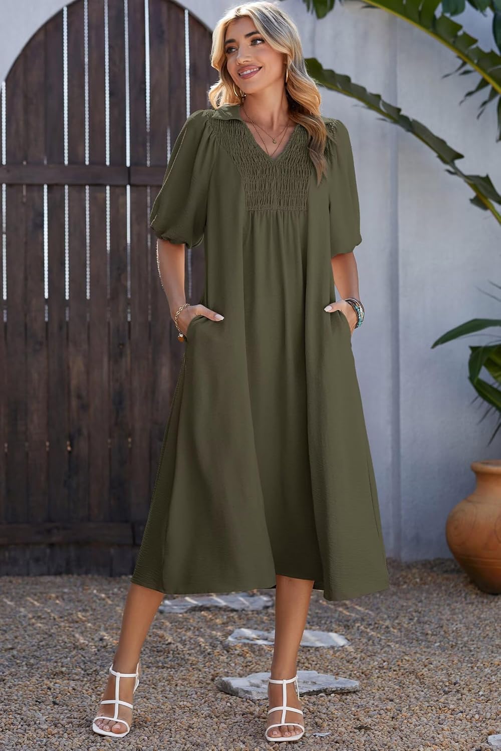 Dokotoo Summer Dresses for Women 2026 Casual Dresses V Neck Puff Sleeve Empire Waist A-Line Maxi Dress - Image 5
