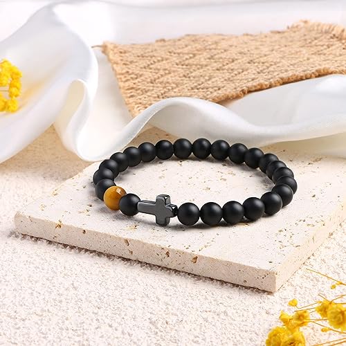 Miniatura 4 de Cross Bracelet for Men to Dad Son Grandson Husband Godfather Uncle Nephew Brother Gift Inspirational Tiger Eye Bead Elastic Healing Bracelet