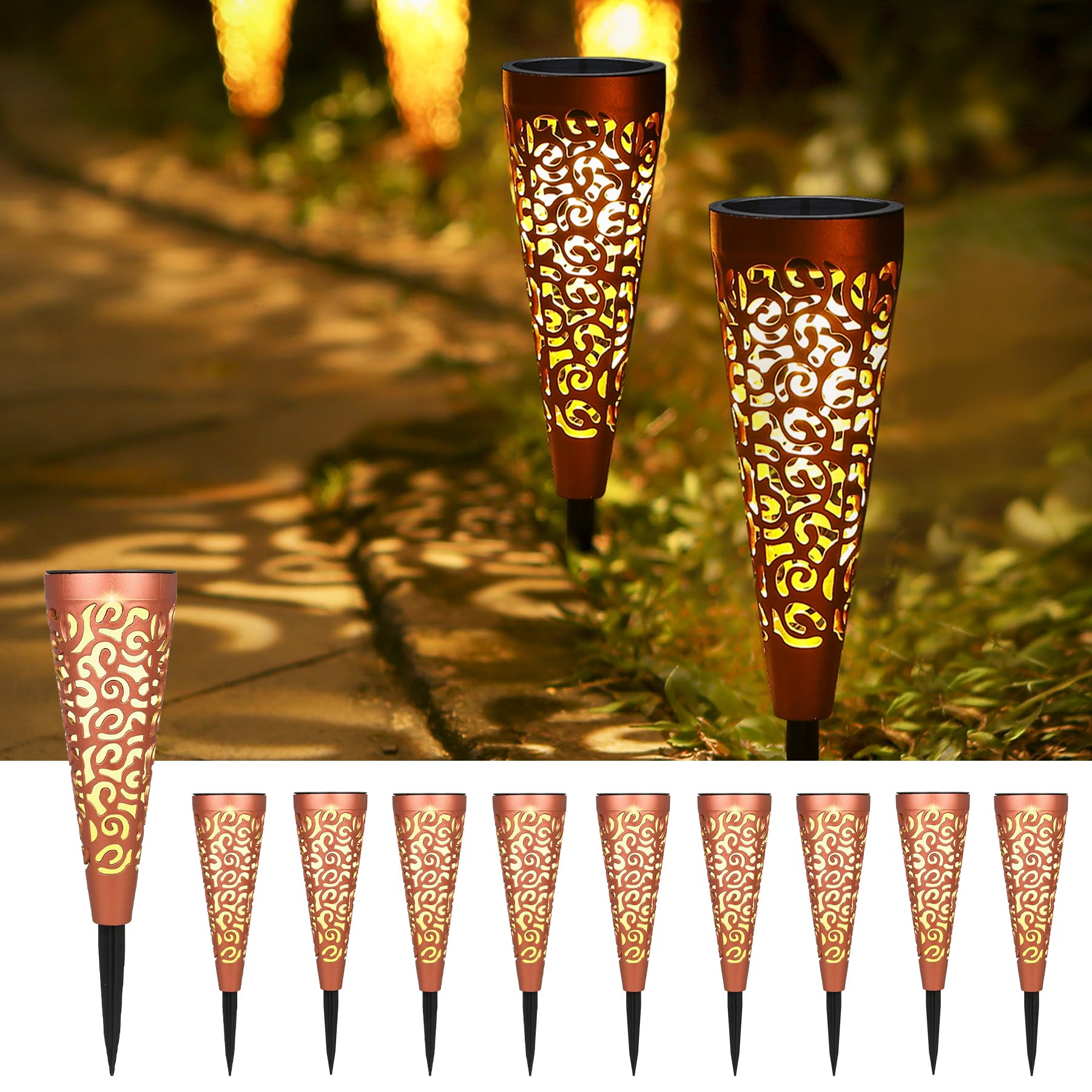 Bonsery Lampy solarne do użytku na zewnątrz, do ogrodu, 10 sztuk, lampy solarne do użytku na zewnątrz, vintage, IP65, nierdzewne, oświetlenie ścieżek, dekoracja ogrodowa, solarne lampy ogrodowe na