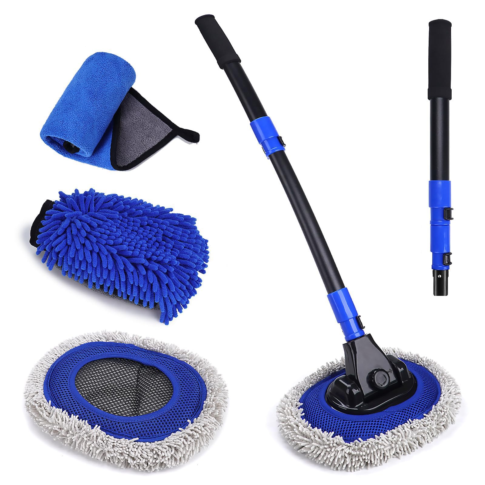 TERRIFI Ultimate Car Wash Brush with Long Handle, 15-Degree Curved Pole Design, Microfiber Brush Head, Adjustable Length, Wide Applications for Car, RV, Truck, Pickup, Perfect Car Wash Kit