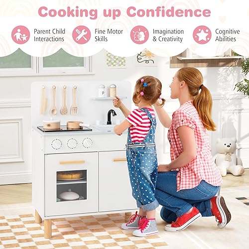 Miniatura 7 de HONEY JOY Juego de cocina para niños, juego de cocina de juguete de madera con luces, utensilios de cocina, grifo, fregadero, estufa, horno,
