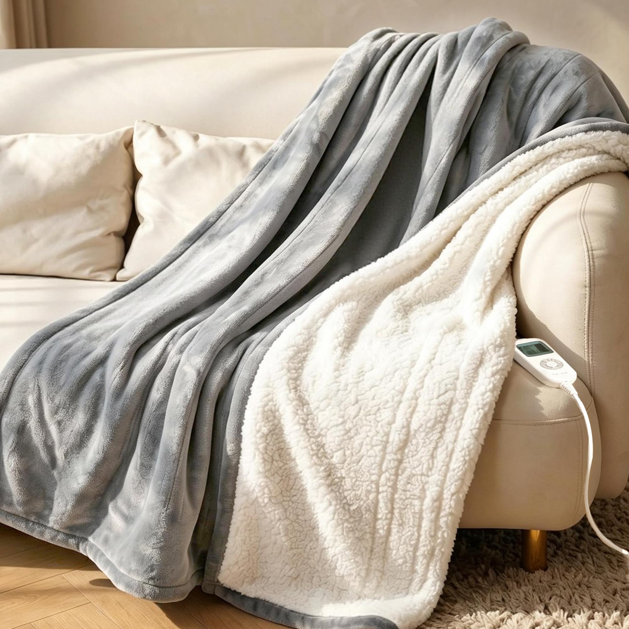RAINOVA Heated Blanket Electric Throw, Gray, 50''x60'' | Soft Heating Blanket, 10-Level Heating, 10-Hour Auto-off, ETL & FCC Certified