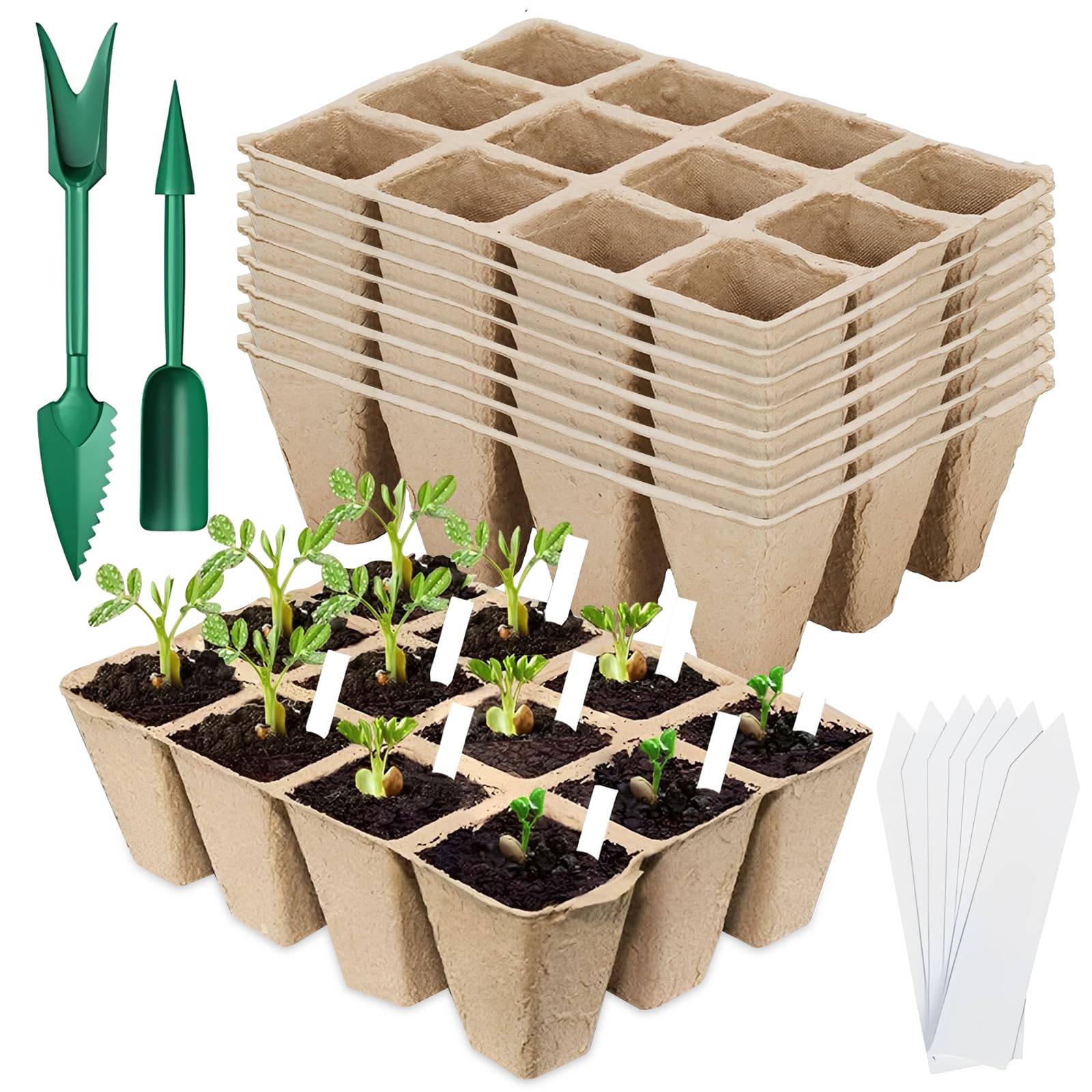 Scdzy Brown 20 Pack Seed Trays, 240 Cells Biodegradable Plant Pots With Labels, Seed Starter Tray Kit Plant Germination Trays With Transplanting Widger Compostable Seedling Pots For Greenhouse Vegetable Flow