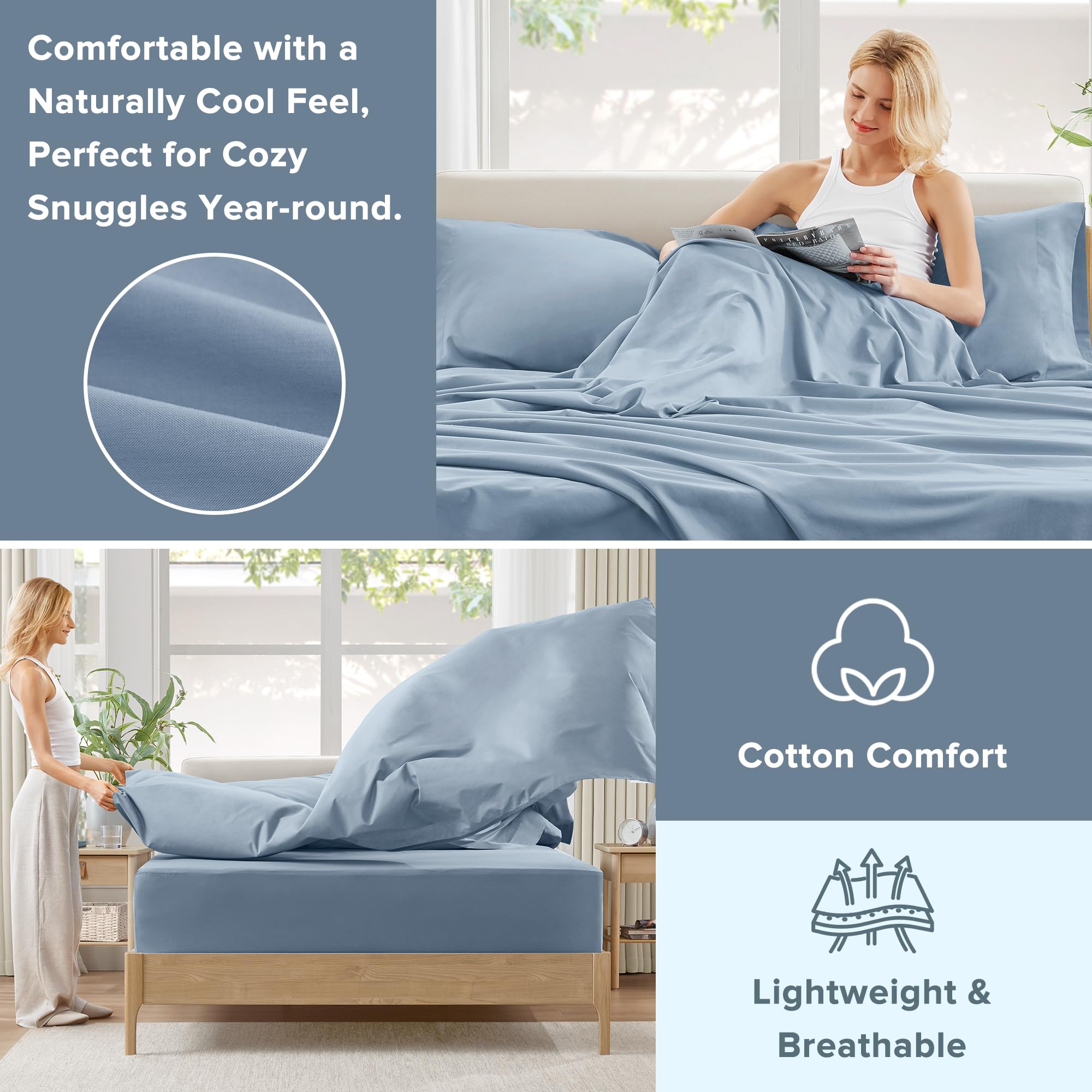 Blue 100% Cotton Percale Twin Sheet Set 3 Pcs U53239