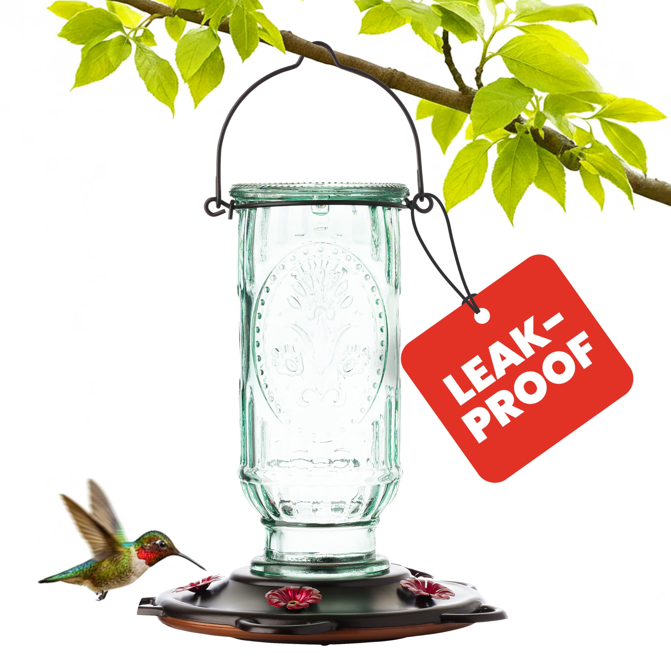 More Birds Hummingbird Feeder, Glass Hummingbird Feeders, 5 Feeding Stations, 20-Ounce Nectar Capacity, Vintage Antique Bottle