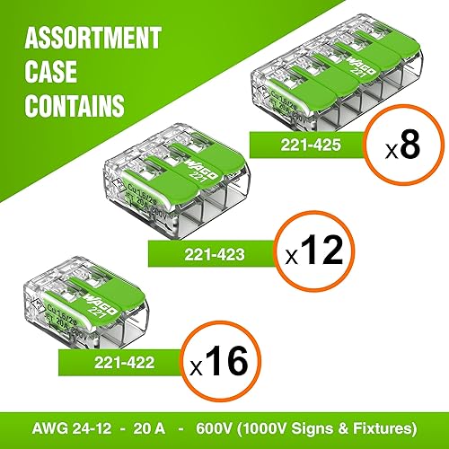 Miniatura 2 de WAGO 221 Green Range Series - Paquete surtido de conectores de alambre de empalme compactos de 36 piezas, incluye (16 x 221-422), (12 x 221-423), (8