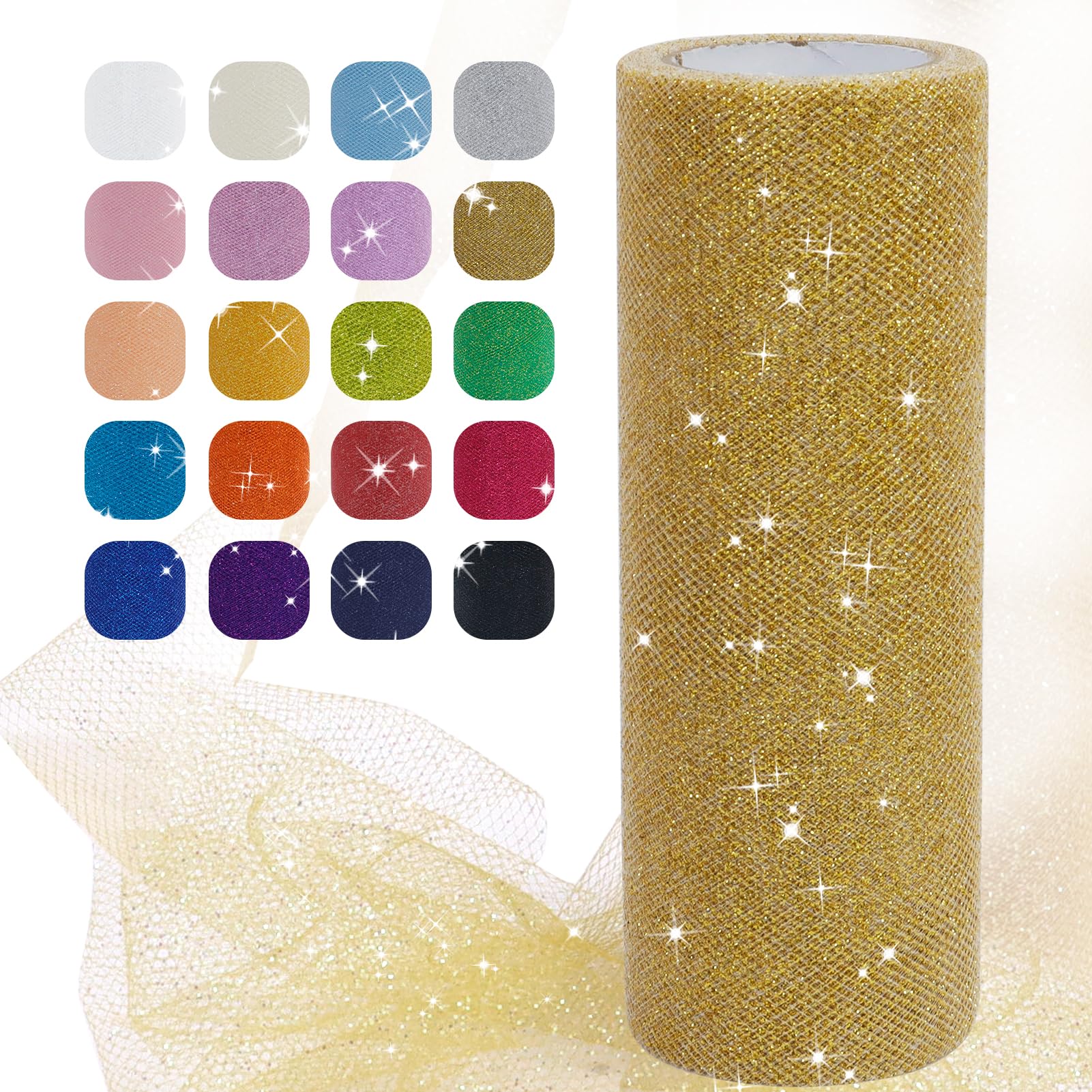 Uiopa Gold Sparkle Tulle Roll, 6" x 25 Yards Polyester Glitter Netting Fabric Tulle Ribbon DIY Fabrics for Tutu Skirts Dress Wedding Party Decor Gift Wrapping DIY Crafts