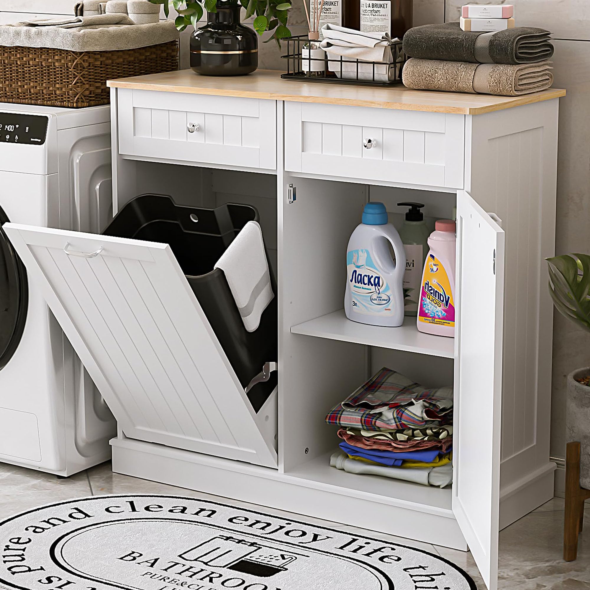 AHB 13 Gallons Tilt Out Trash Can Cabinet Hidden Kitchen Trash Can, Freestanding Recycling Cabinet with Hideaway Drawers Pet Proof Trash Can for