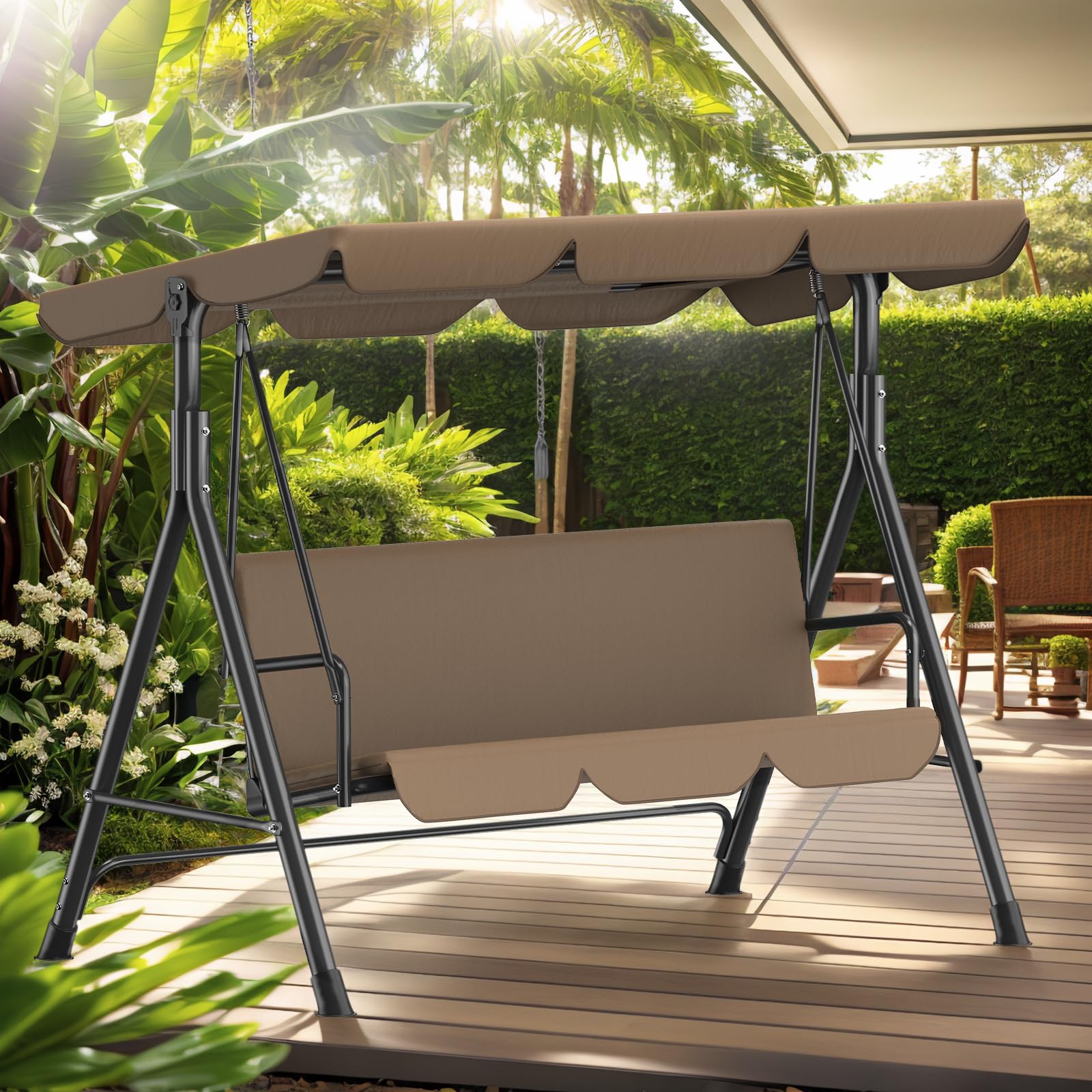 Dondolo da giardino a 3 posti, tettuccio parasole regolabile, imbottitura, acciaio, 175x110x152 cm, per giardino e terrazza, portata 200 kg, marrone